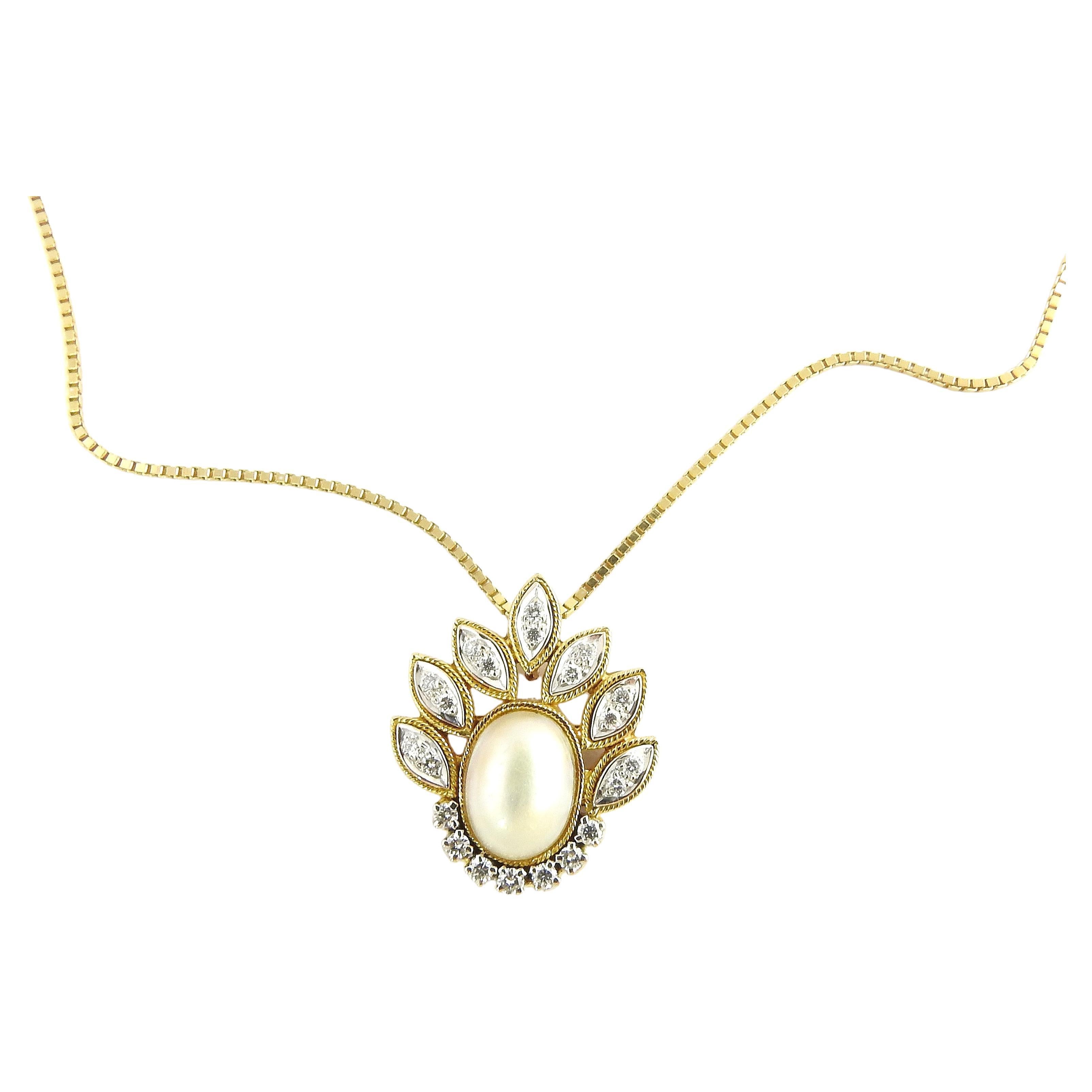 14 Karat Yellow Gold Mabe Pearl and Diamond Pendant Necklace For Sale