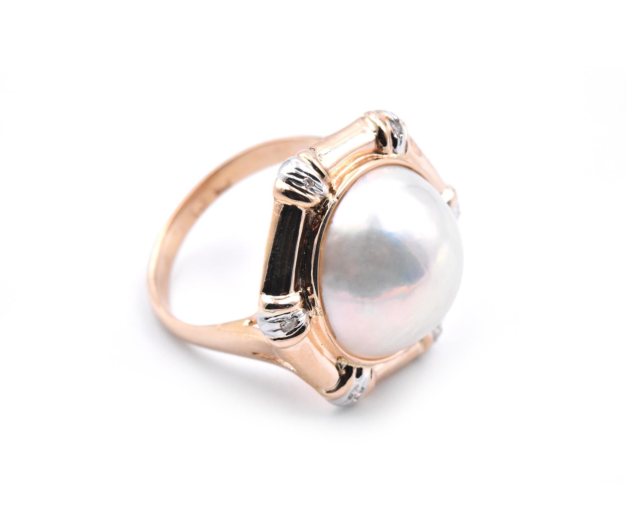 Material: 14k yellow gold
Pearl: 1 mabe = 14.50mm
Diamonds: 6 round brilliant cut = .03cttw 
Color: H
Clarity: SI1
Ring Size: 7.75 (please allow two additional shipping days for sizing requests)
Dimensions: ring measures 20.63 X 22.95mm
Weight: 