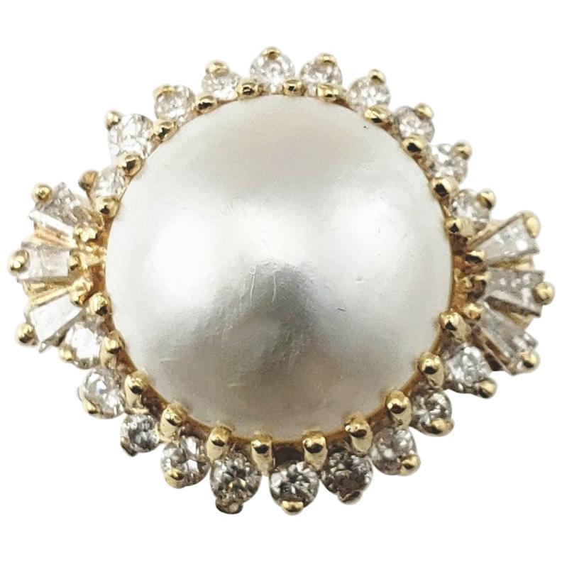 14 Karat Yellow Gold Mabe Pearl and Diamond Ring For Sale