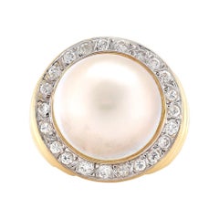 14 Karat Yellow Gold Mabe Pearl and Diamond Ring