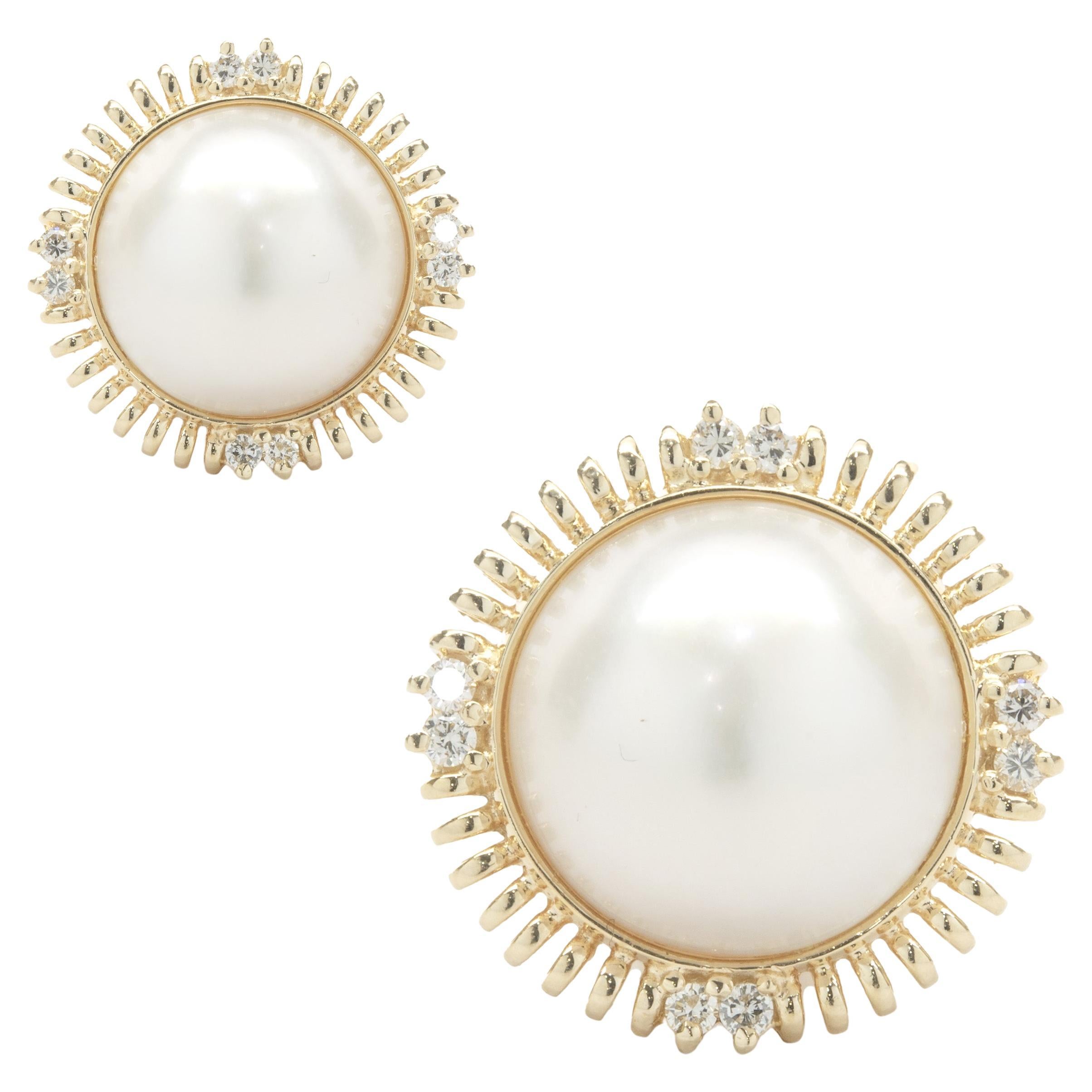14 Karat Yellow Gold Mabe Pearl and Diamond Station Earrings For Sale