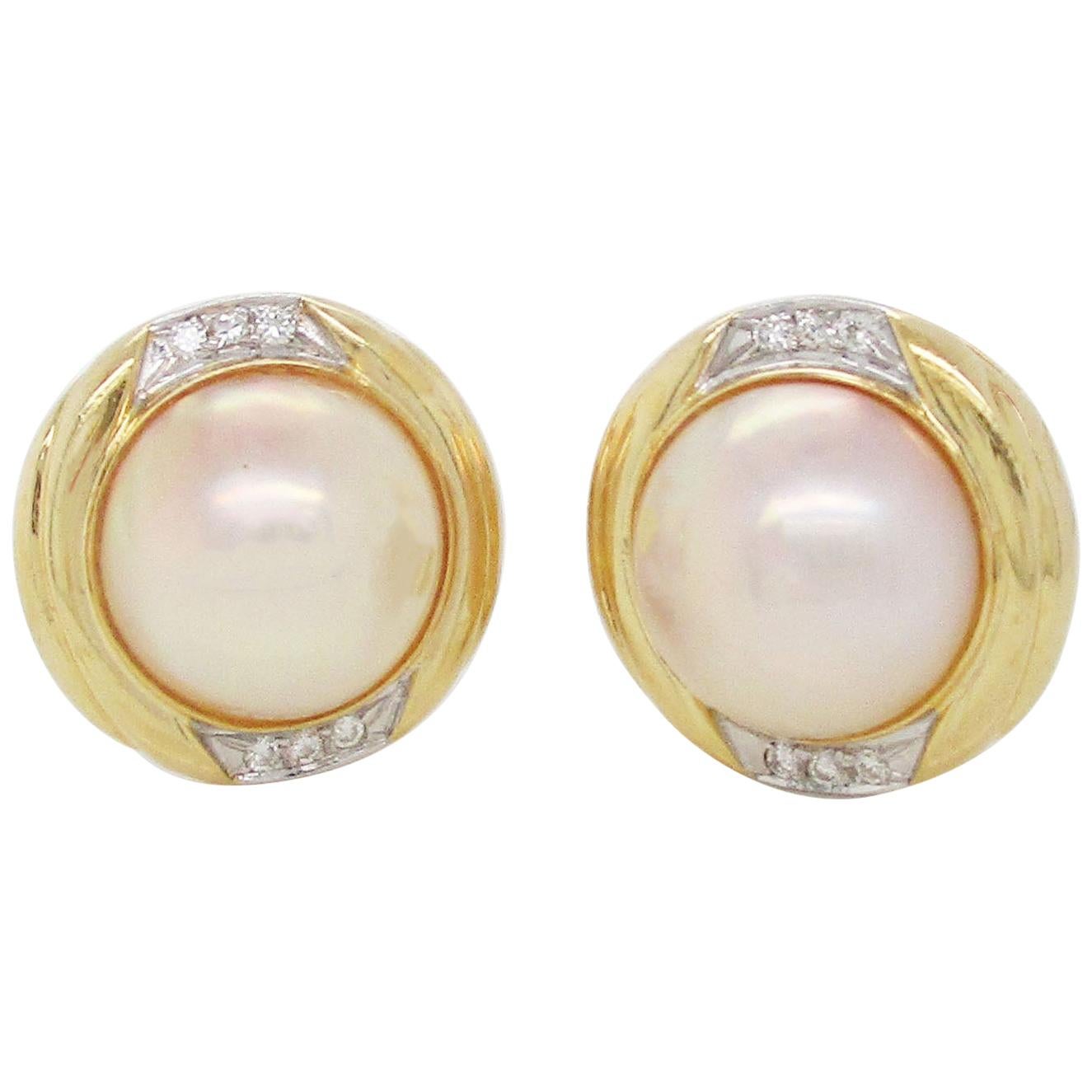 14 Karat Yellow Gold Mabe Pearl Diamond Post Earrings