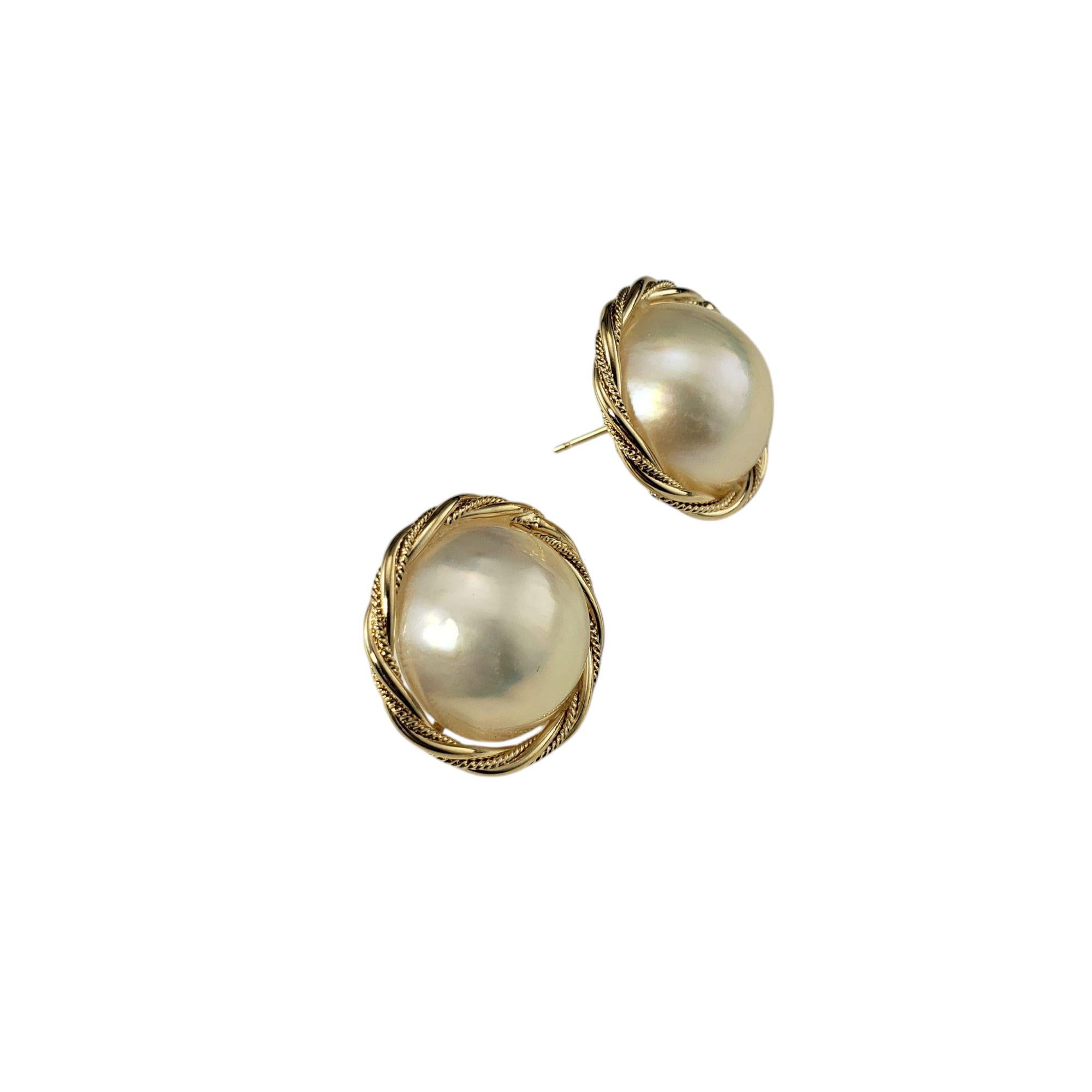 Round Cut 14 Karat Yellow Gold Mabe Pearl Earrings #21235 For Sale