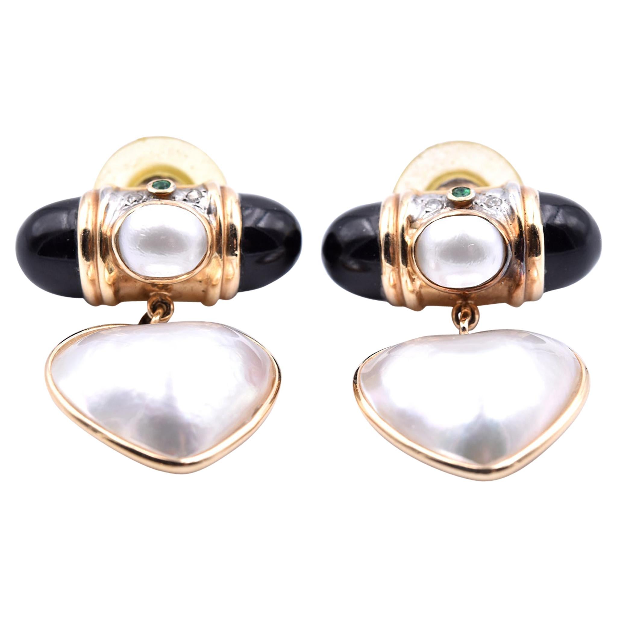 14 Karat Yellow Gold Mabe Pearl Earrings with Onyx, Emerald, and Diamond For Sale