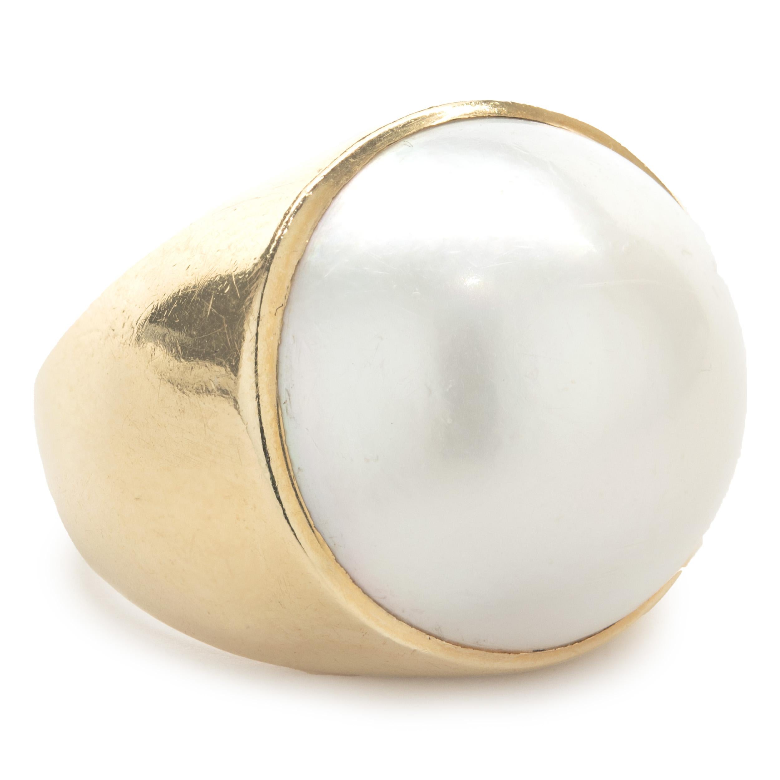 Rough Cut 14 Karat Yellow Gold Mabe Pearl Ring For Sale