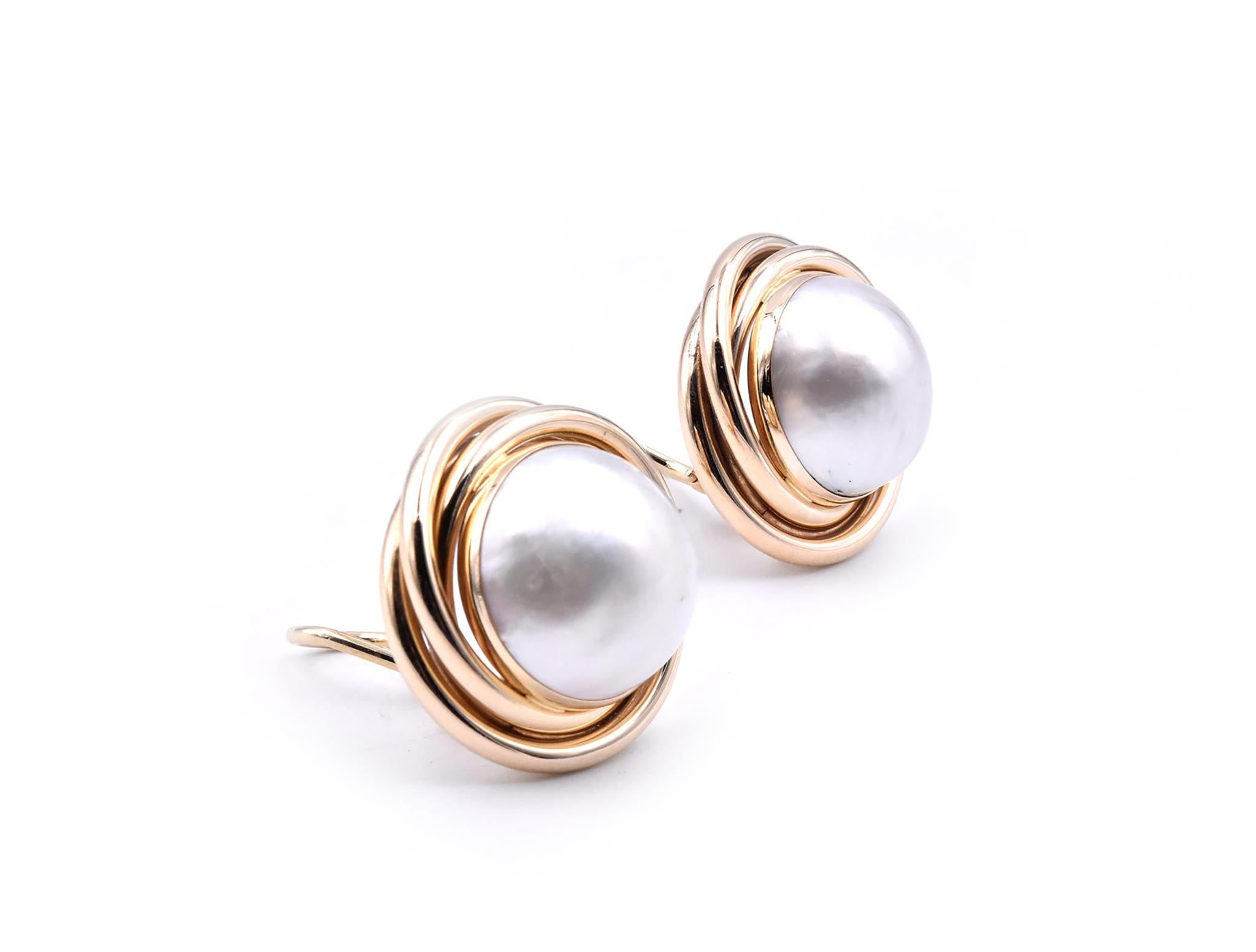 Designer: custom designed
Material: 14K yellow gold
Pearls: 2 = 16.5mm mabe 
Fastenings: non-pierced omega backs
Dimensions: earrings measure 25mm wide
Weight: 15.41 grams
