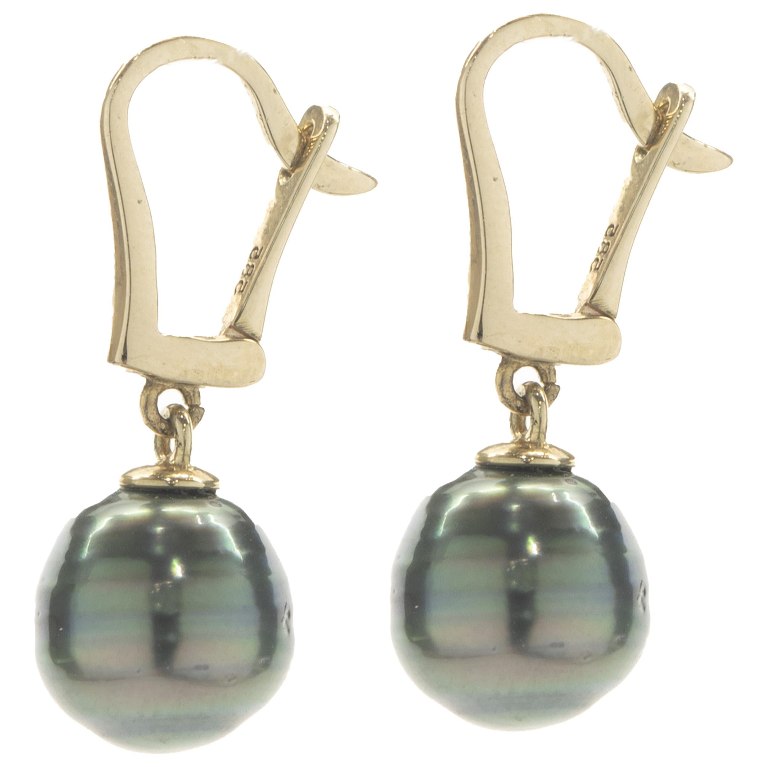 14 Karat Yellow Gold Tahitian Pearl Drop Earrings In Excellent Condition For Sale In Scottsdale, AZ