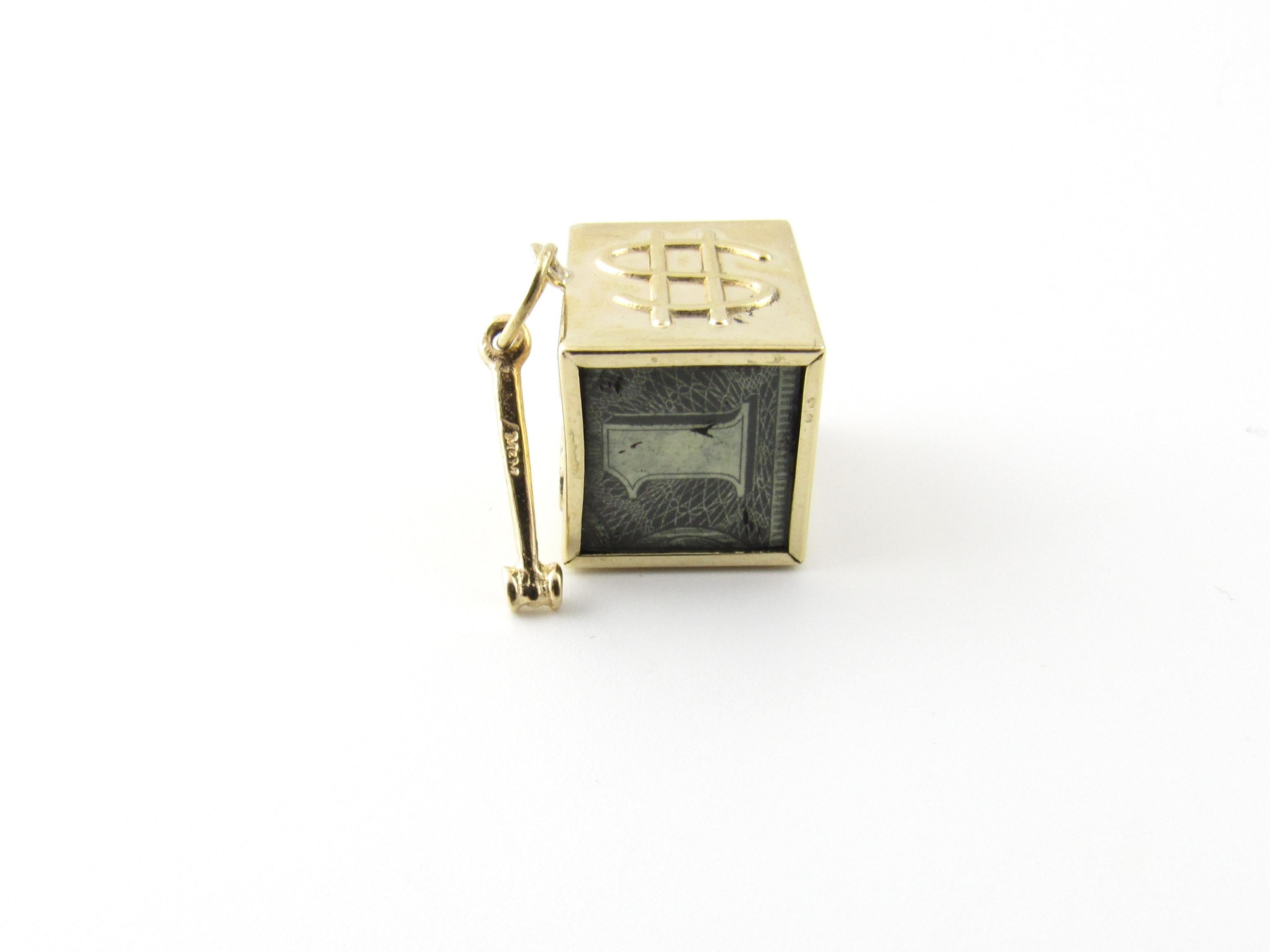 Vintage 14 Karat Yellow Gold Mad Money Charm

Never get caught without your mad money!

This fun charm features a 3D box with a dollar bill encased inside. Complete with tiny hammer to get the job done! Meticulously detailed in 14K yellow