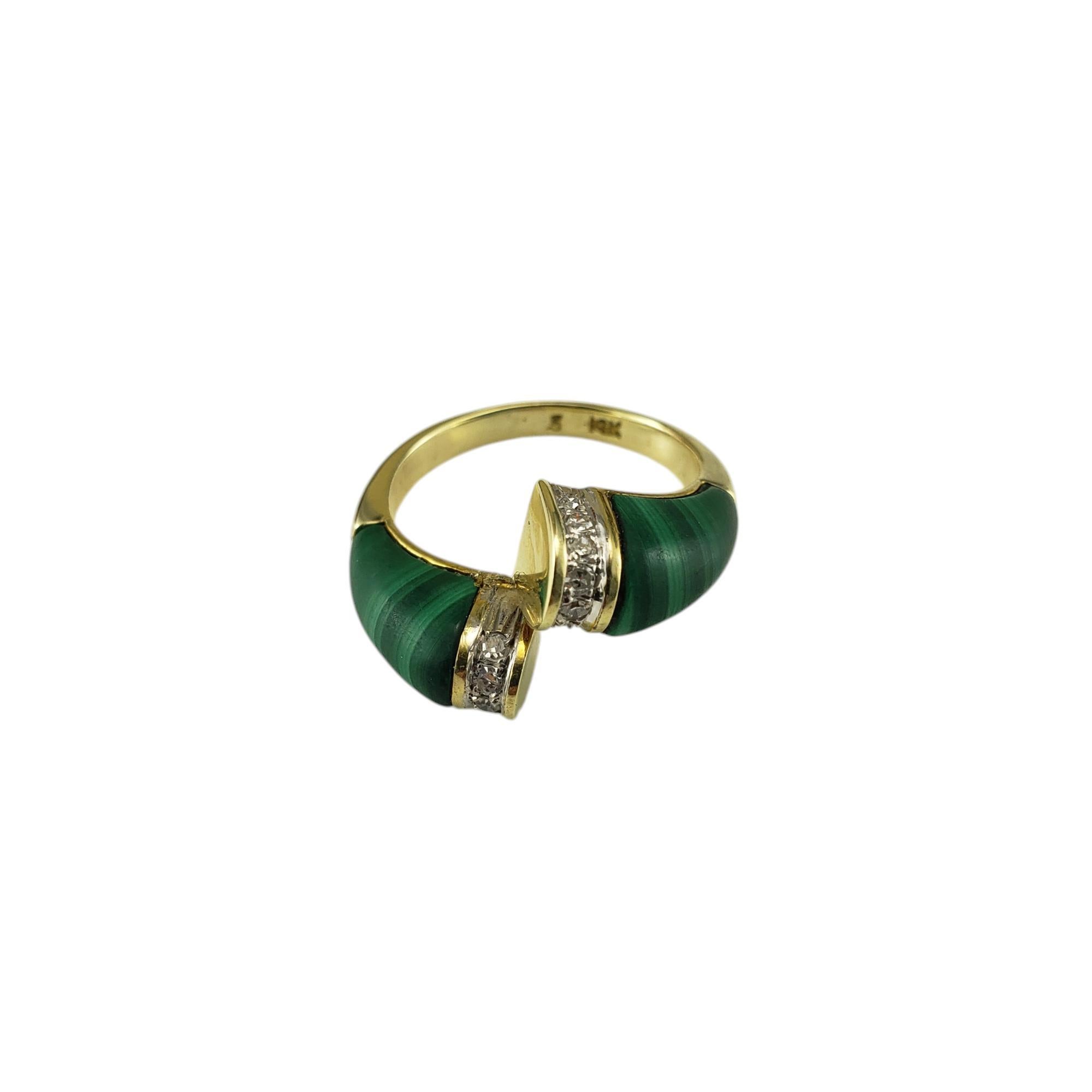 14 Karat Yellow Gold Malachite and Diamond Ring Size 7

This lovely malachite and 14K yellow gold ring is accented with 12 round single cut diamonds.

Shank: 2.5 mm.

Approximate total diamond weight: .12 ct.

Diamond color: H-I

Diamond clarity: