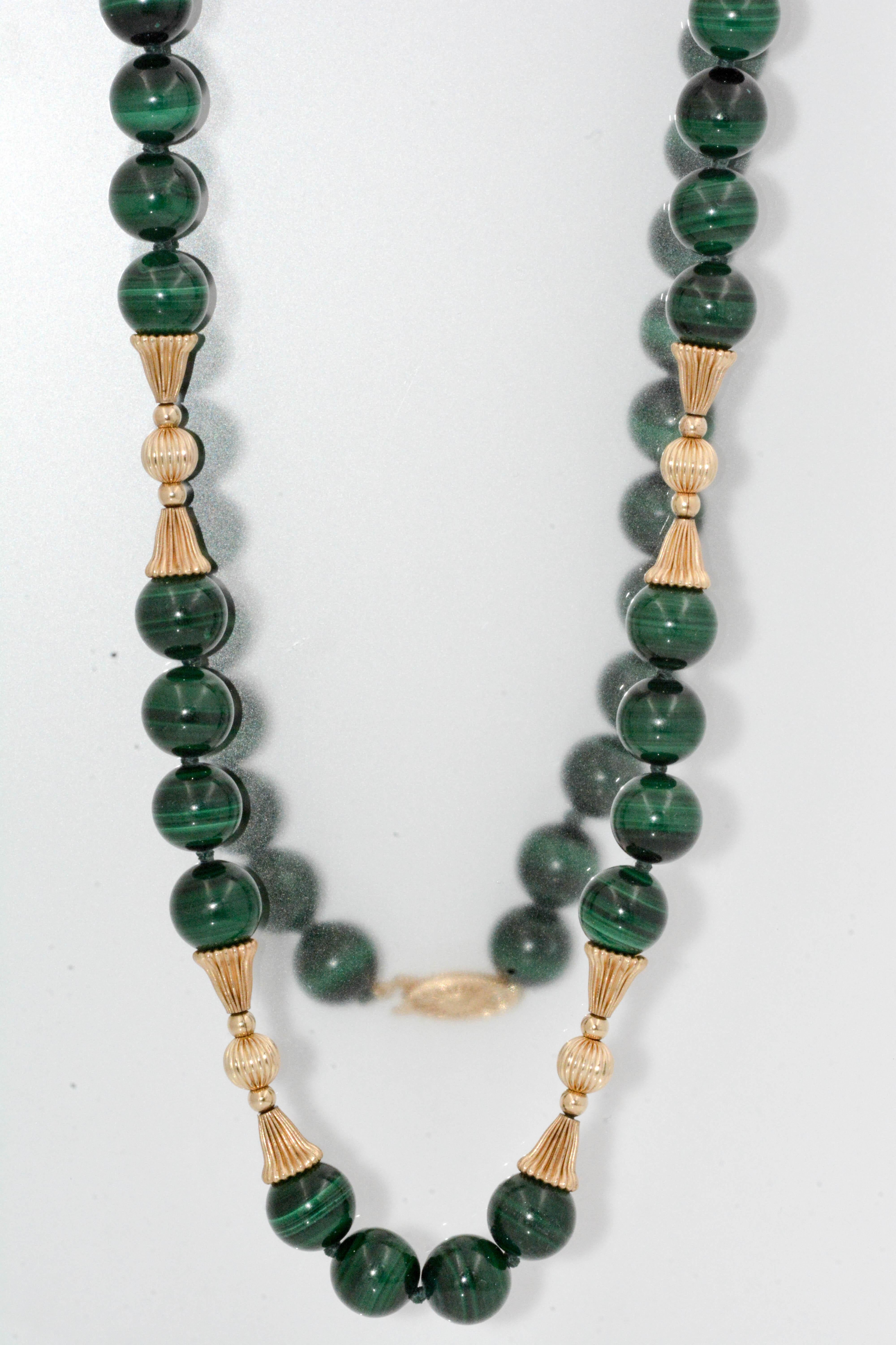 Modern 14 Karat Yellow Gold Malachite Bead Necklace