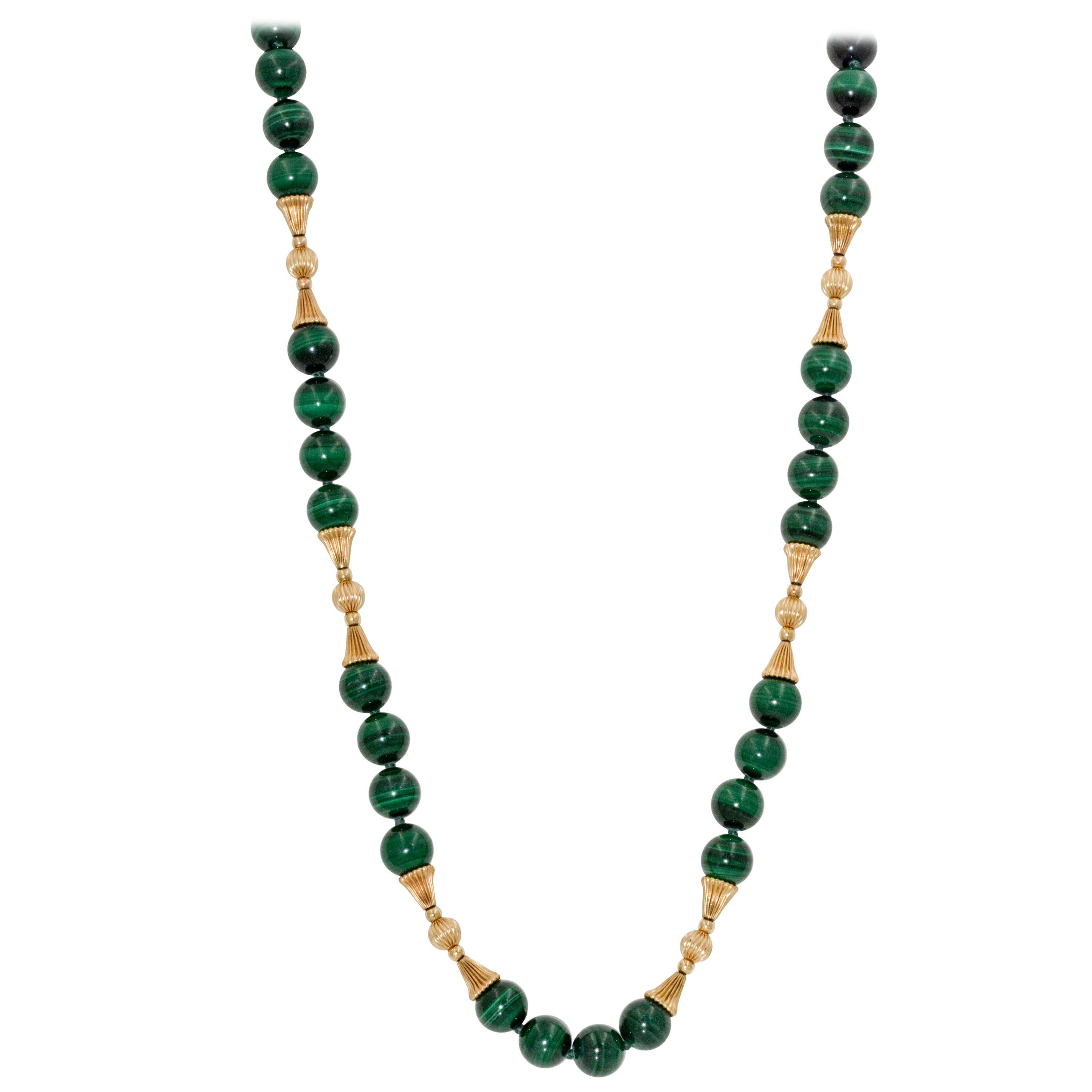 14 Karat Yellow Gold Malachite Bead Necklace