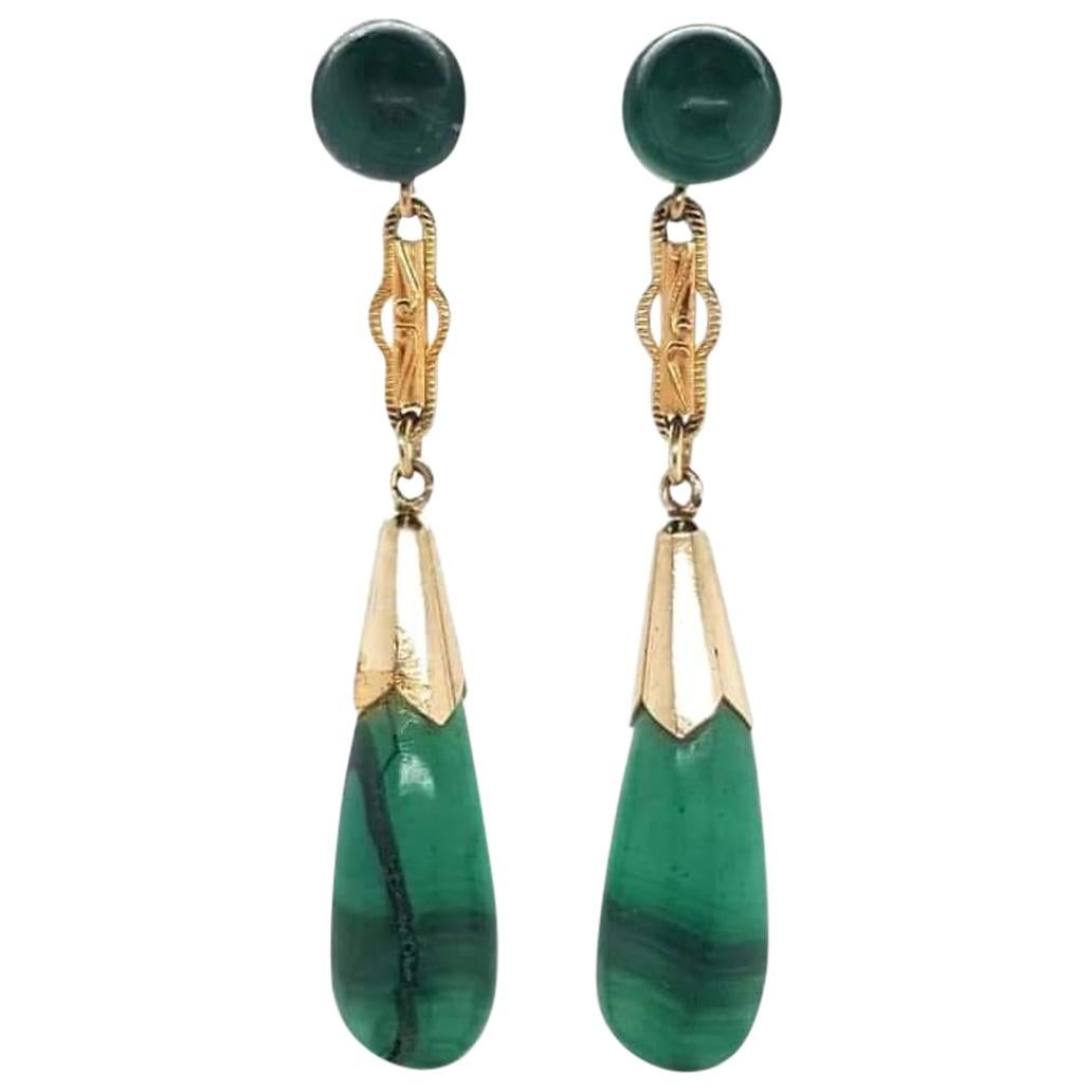 14 Karat Yellow Gold Malachite Drop Earrings, circa 1980s