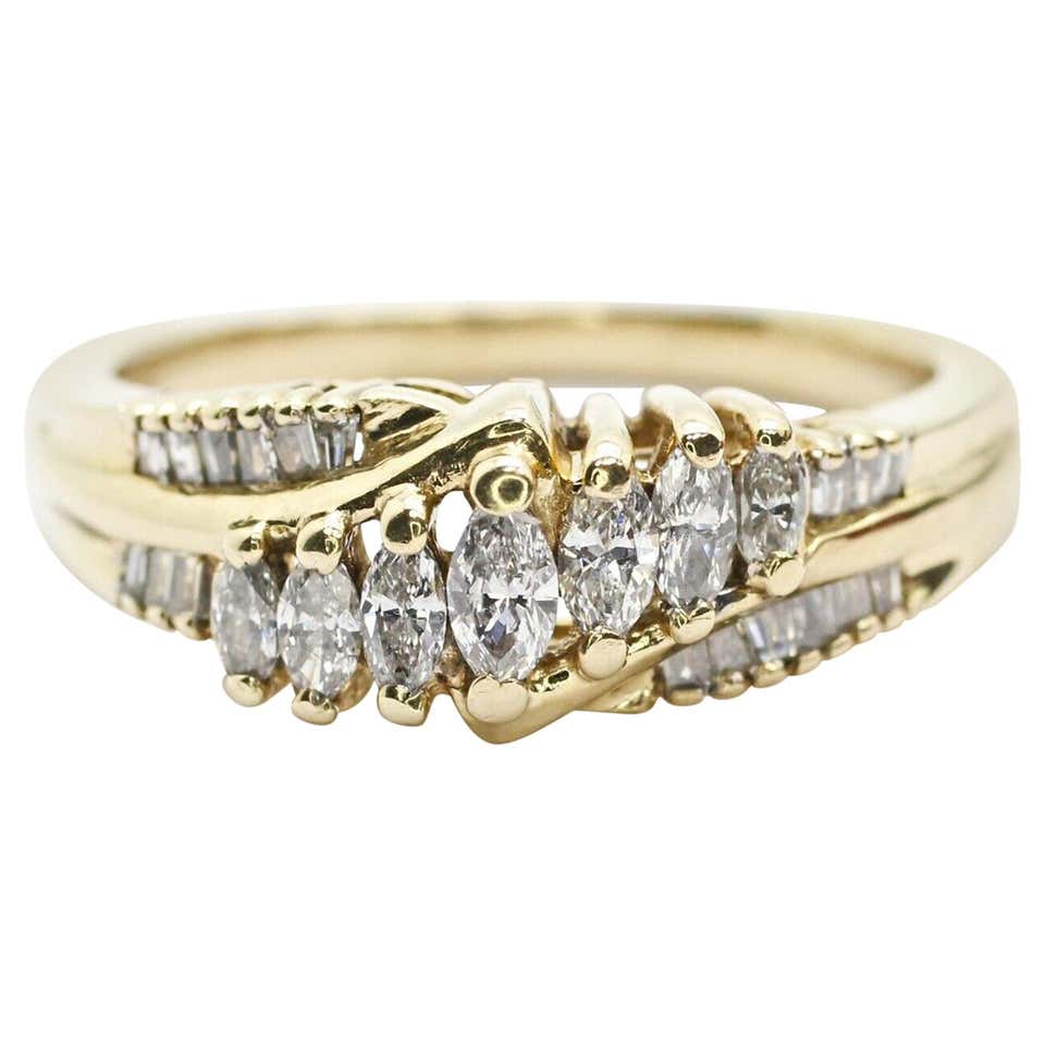 14 Karat Yellow Gold Marquise and Baguette Wedding Ring For Sale at ...