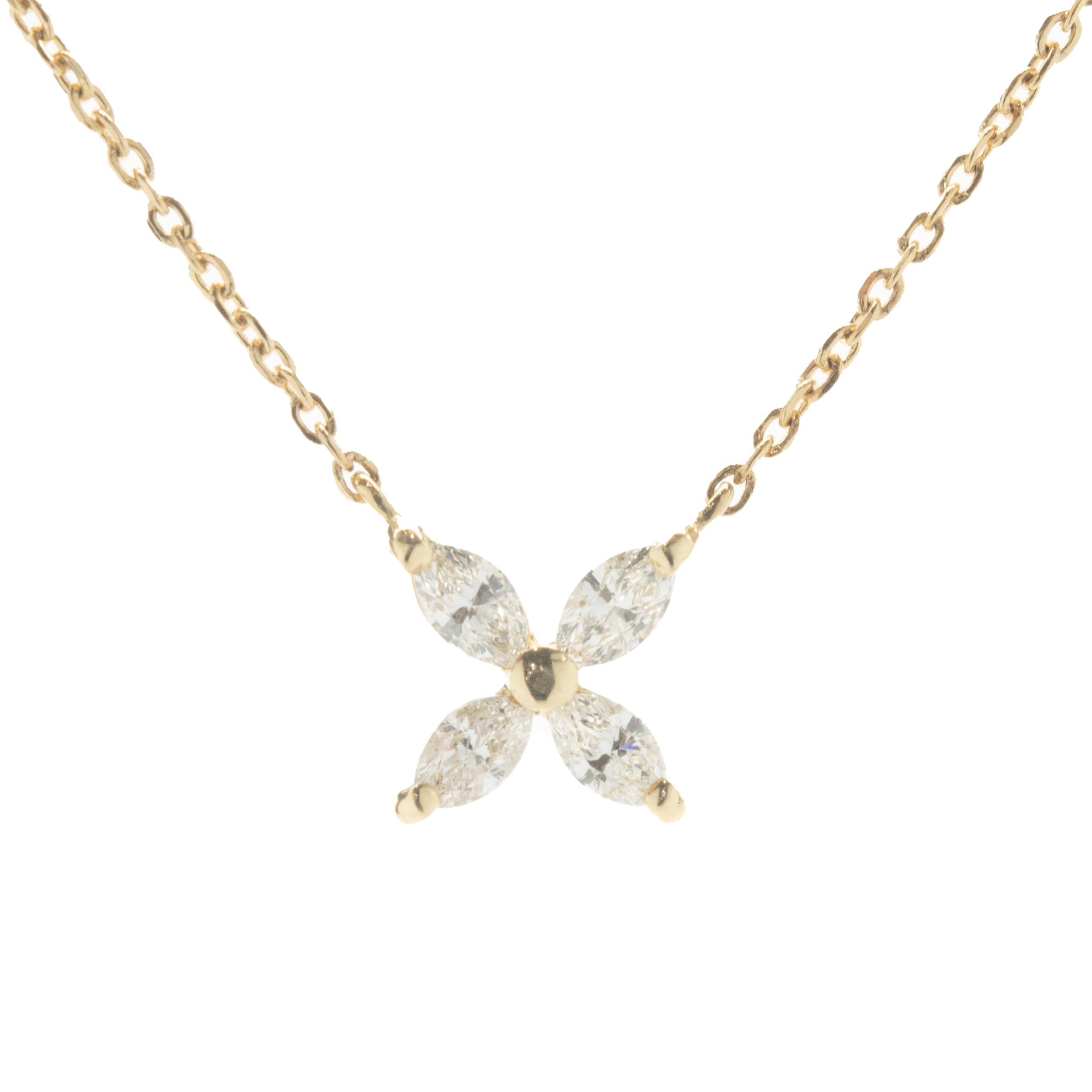 18 Karat Yellow Gold Marquise Cut Diamond Clover Station Necklace In Excellent Condition For Sale In Scottsdale, AZ