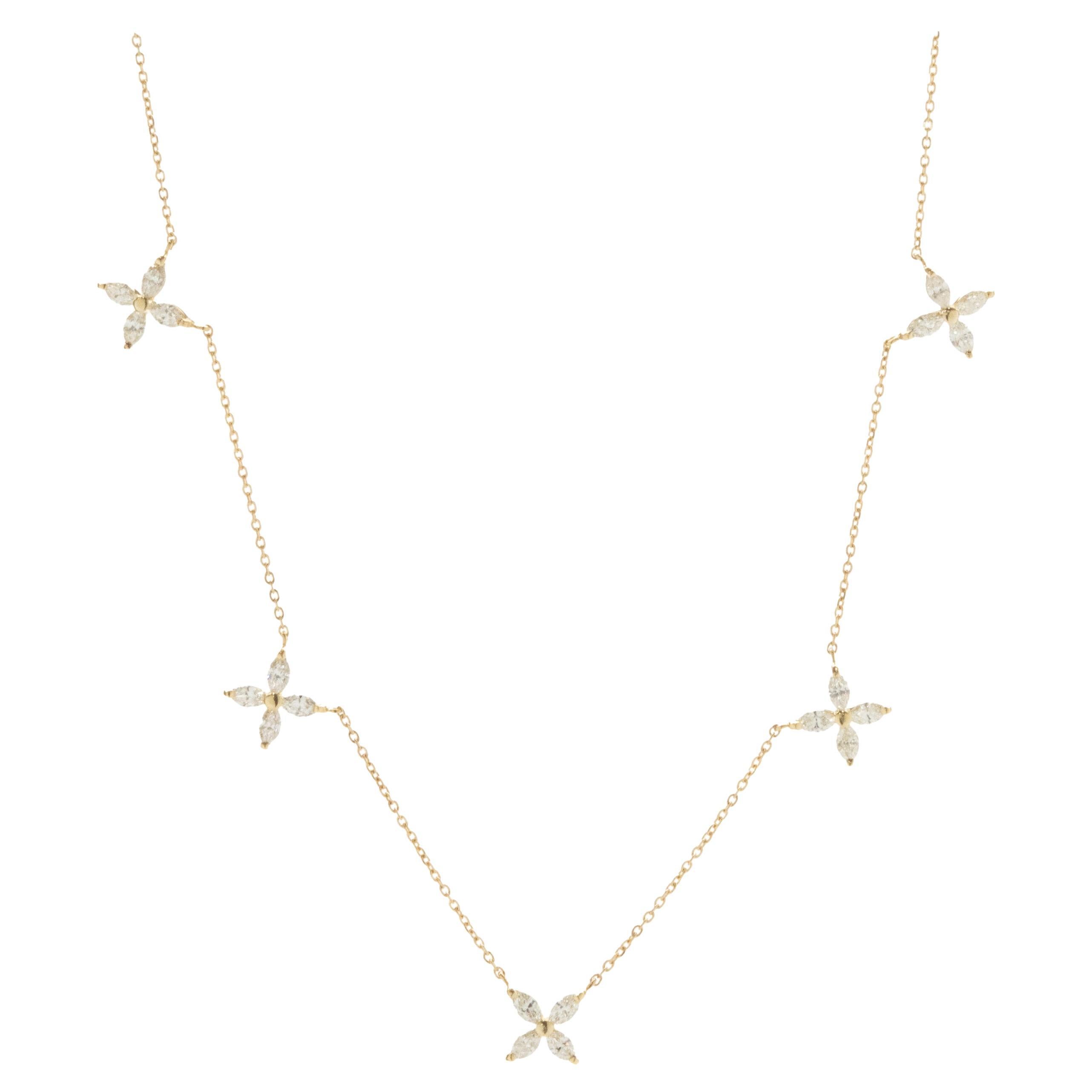 18 Karat Yellow Gold Marquise Cut Diamond Clover Station Necklace For Sale
