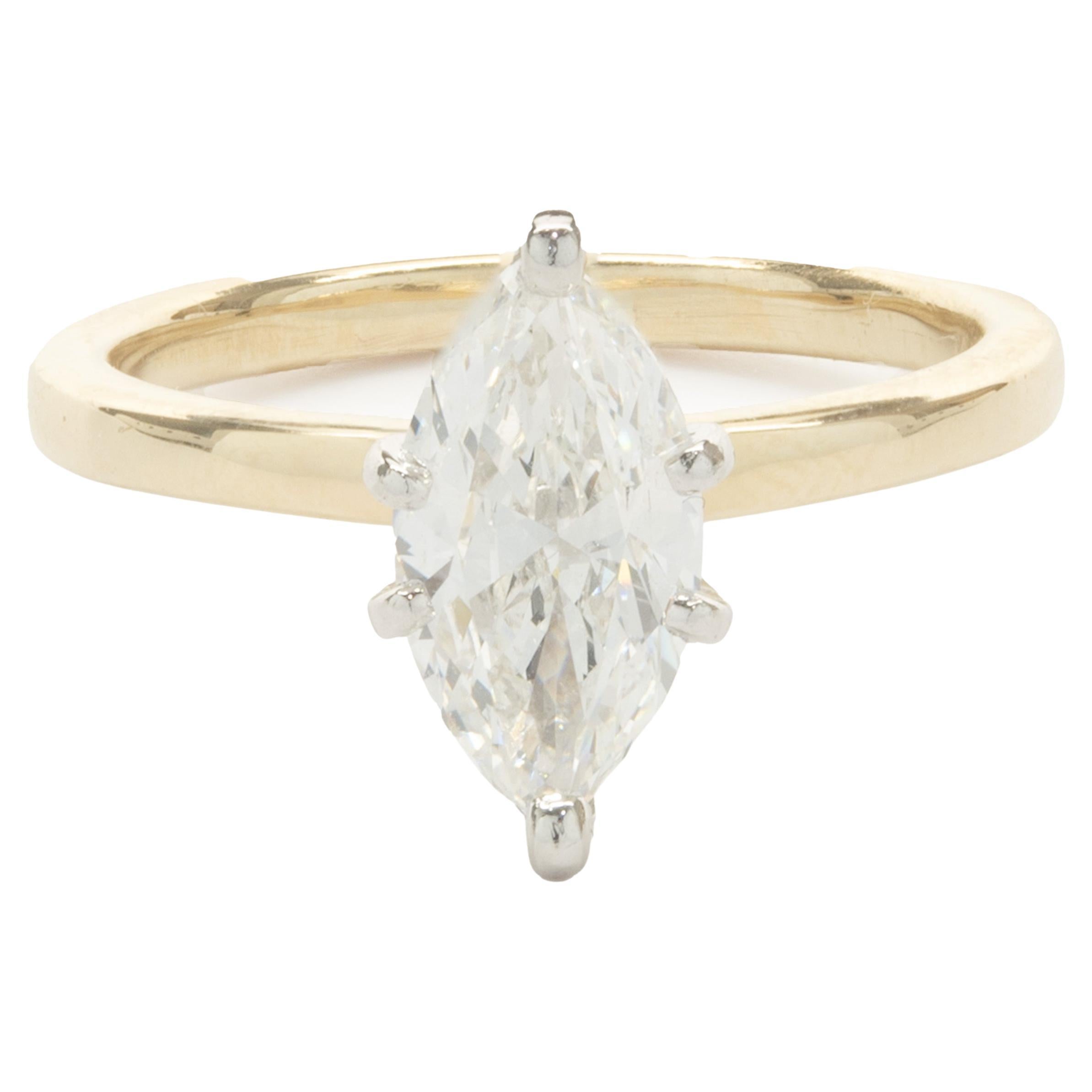 14 Karat Yellow Gold Marquise Cut Diamond Engagement Ring For Sale