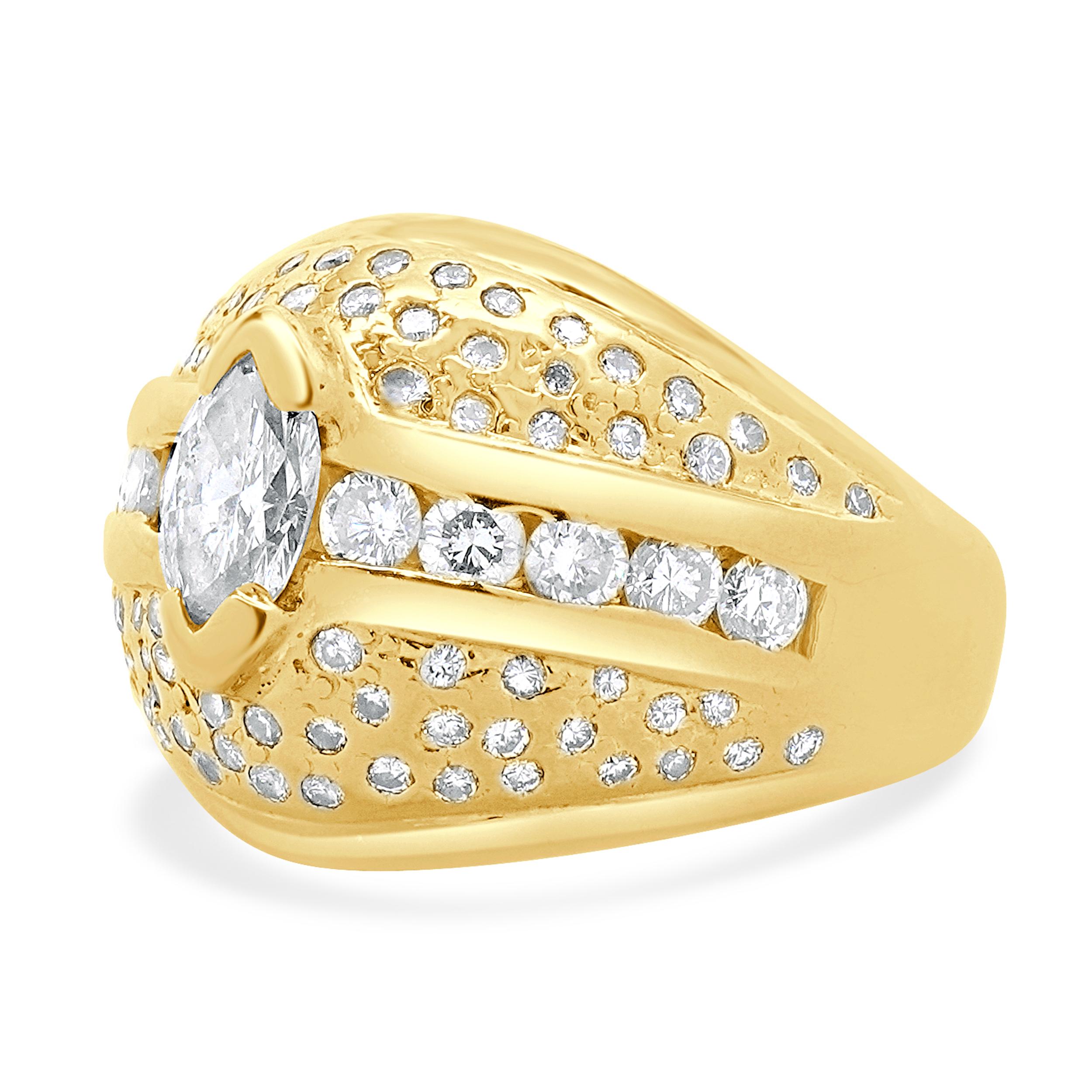 Designer: custom
Material: 14K yellow gold
Diamond: 1 marquise cut = 0.30ct
Color: H 
Clarity: SI1
Diamond: 87 round brilliant cut = 0.50cttw
Color: H 
Clarity: SI1
Ring size: 4 (please allow two additional shipping days for sizing requests)
Weight: