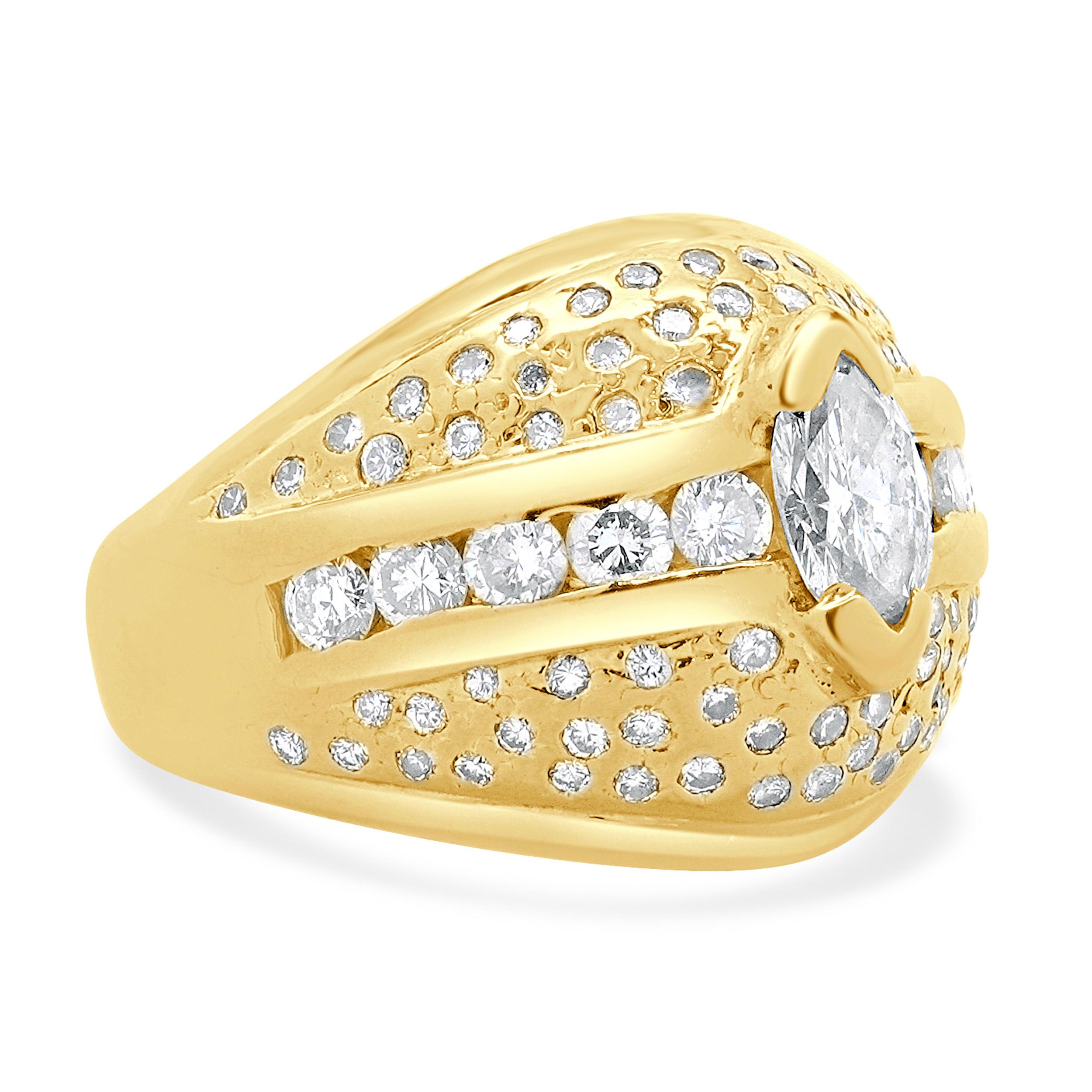 Women's 14 Karat Yellow Gold Marquise Cut Pave Diamond Dome Ring For Sale