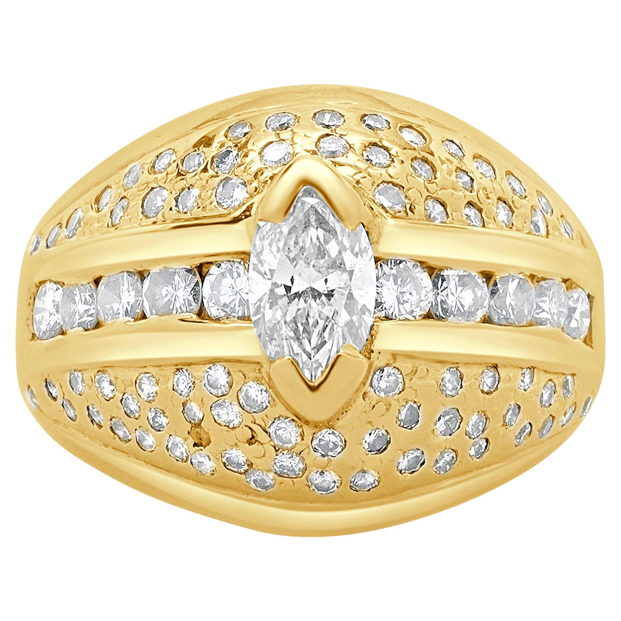 14 Karat Yellow Gold Marquise Cut Pave Diamond Dome Ring For Sale