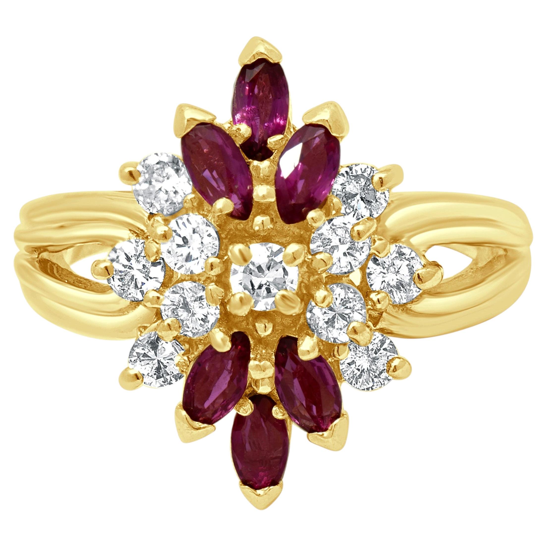 14 Karat Yellow Gold Marquise Ruby and Round Diamond Cluster Ring For Sale