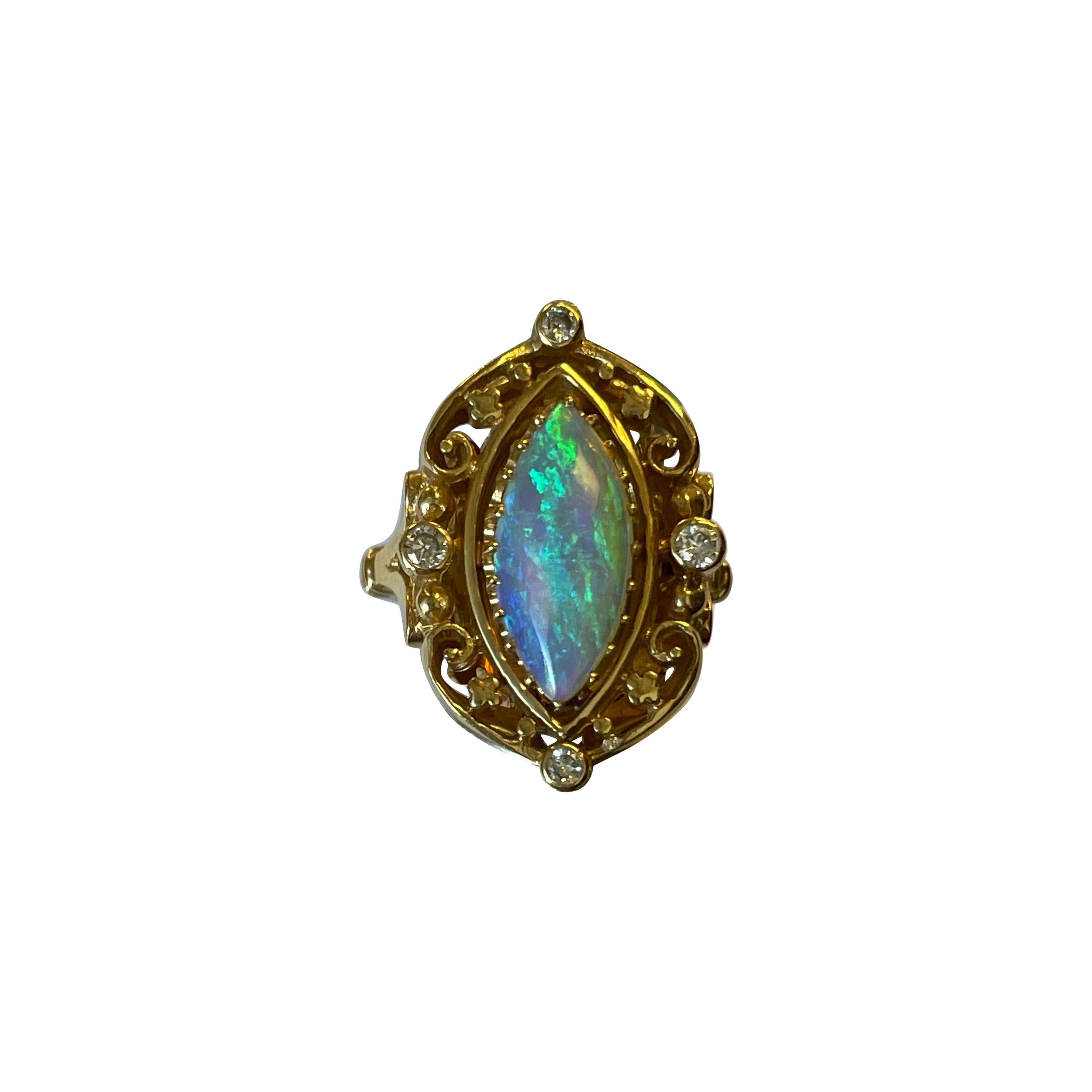 14 Karat Yellow Gold Marquise Shape Opal and Diamond Ring Vintage Design For Sale