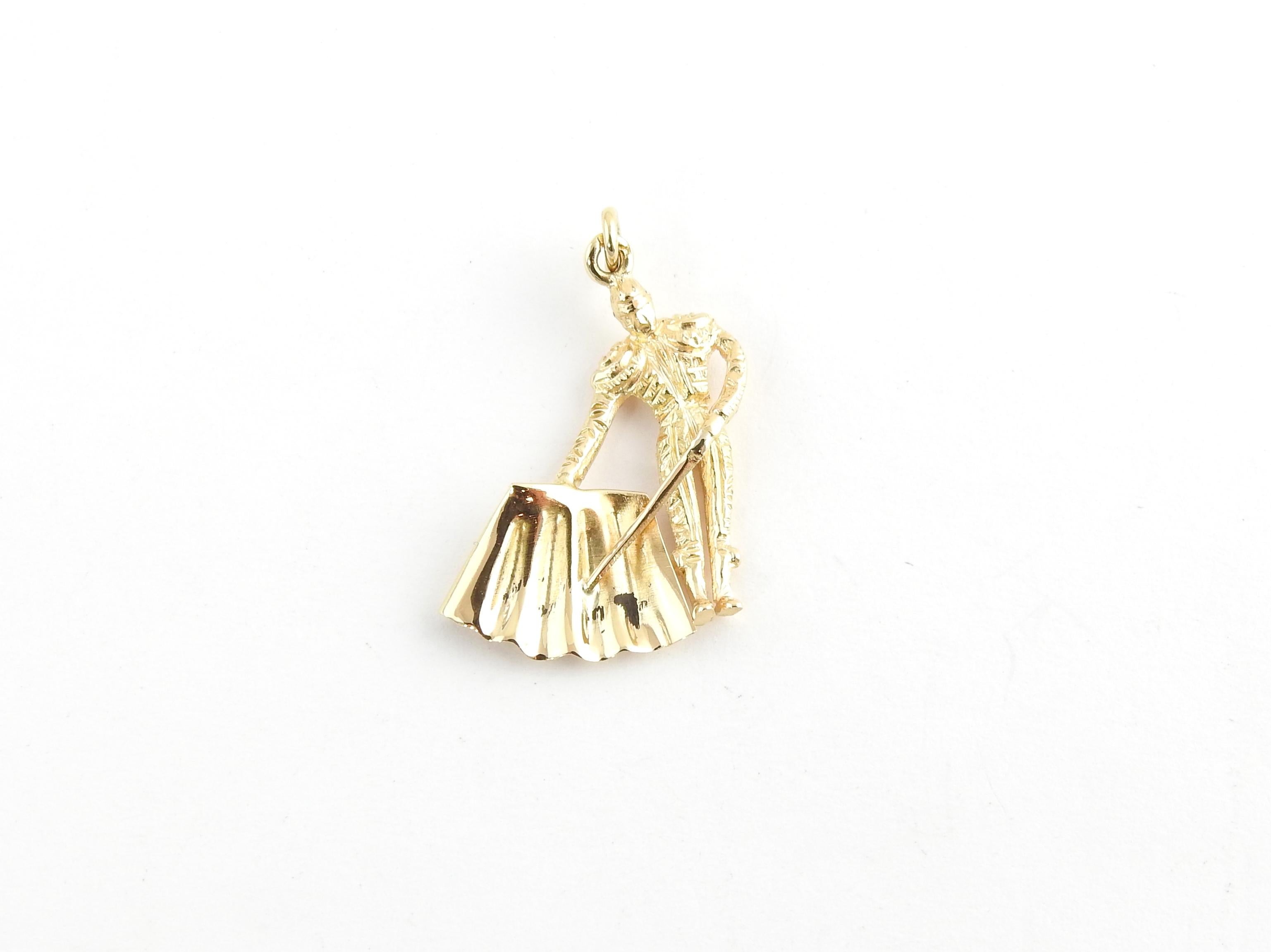 Vintage 14 Karat Yellow Gold Matador Charm

Toro!

This lovely 3D charm features a miniature bullfighter beautifully detailed in 14K yellow gold.

Size: 22 mm x 16 mm (actual charm)

Weight: 1.4 dwt. / 2.2 gr.

Acid tested for 14K gold.

Very good