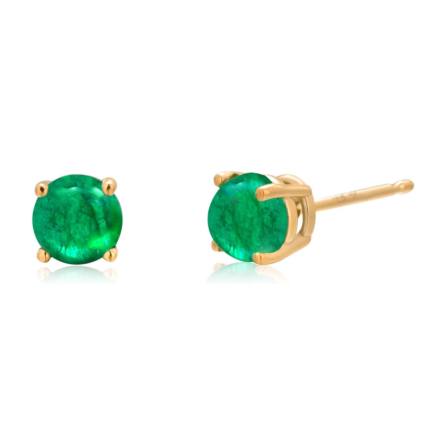Orecchini in oro giallo 14 carati con coppia di smeraldi rotondi cabochon da 0,76 carati in vendita 3