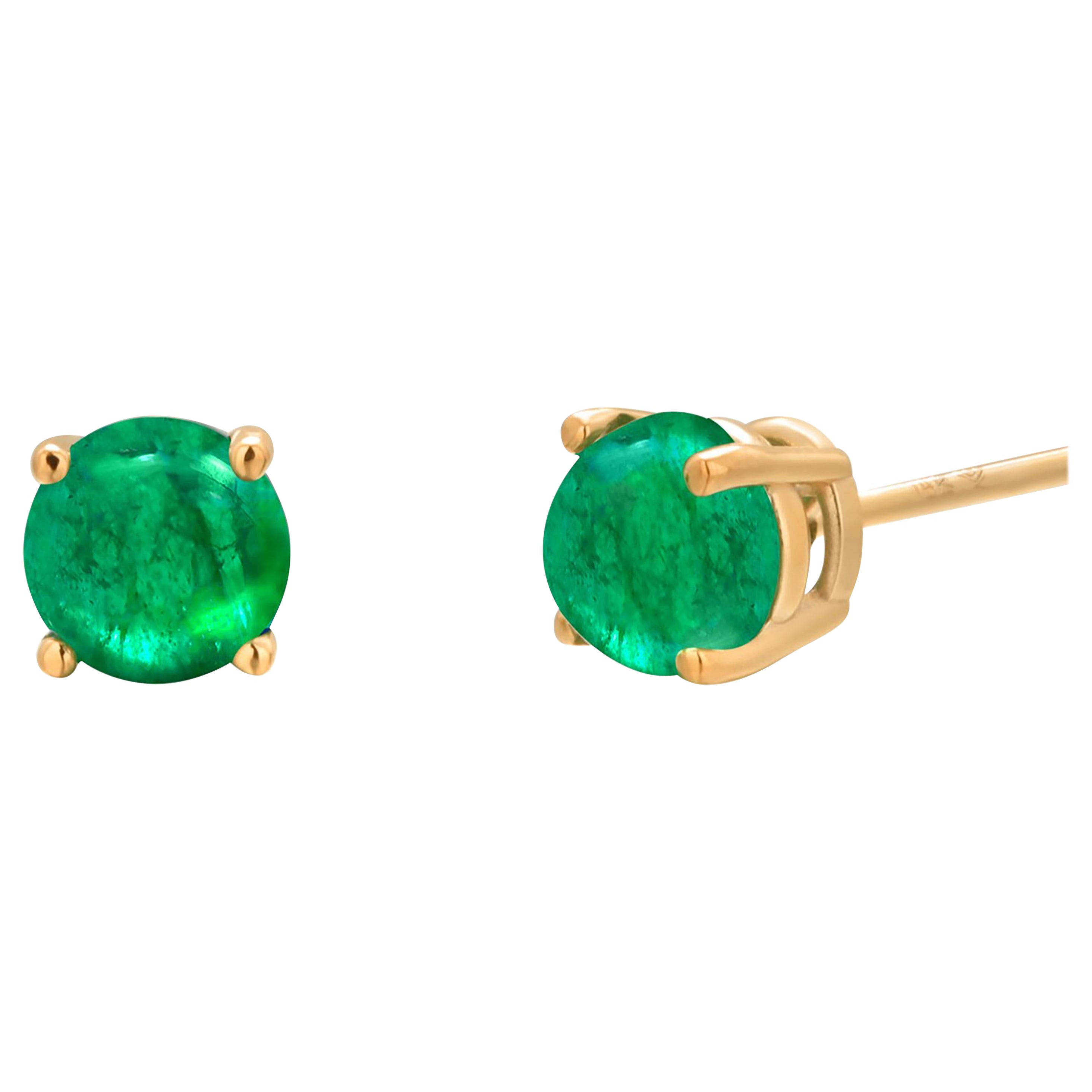 Orecchini in oro giallo 14 carati con coppia di smeraldi rotondi cabochon da 0,76 carati