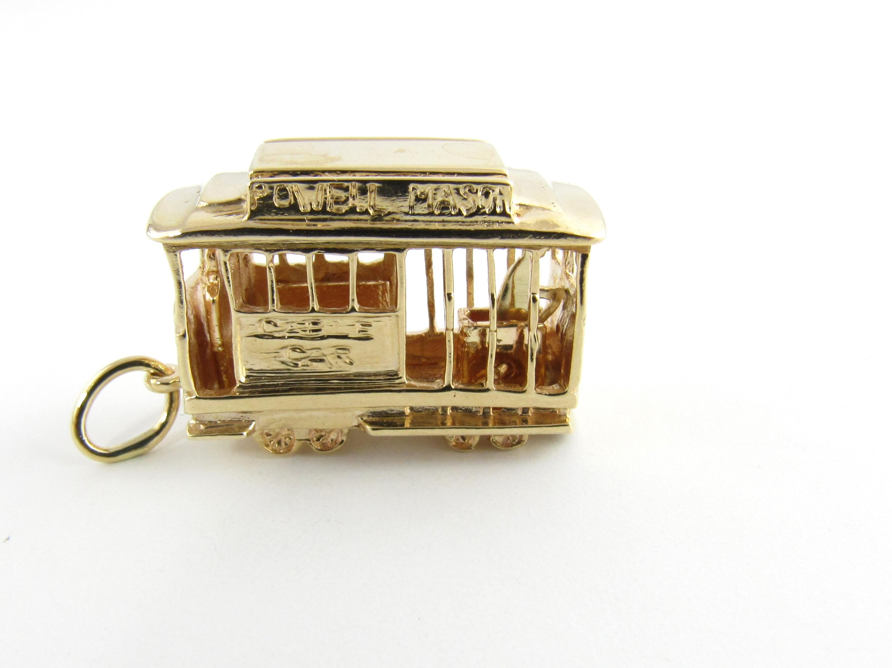 Vintage 14 Karat Yellow Gold Mechanical San Francisco Cable Car Charm

Take a ride on the trolley!

This lovely charm features a miniature San Francisco Powell and Mason cable car crafted in beautifully detailed 14K yellow gold. The conductor moves