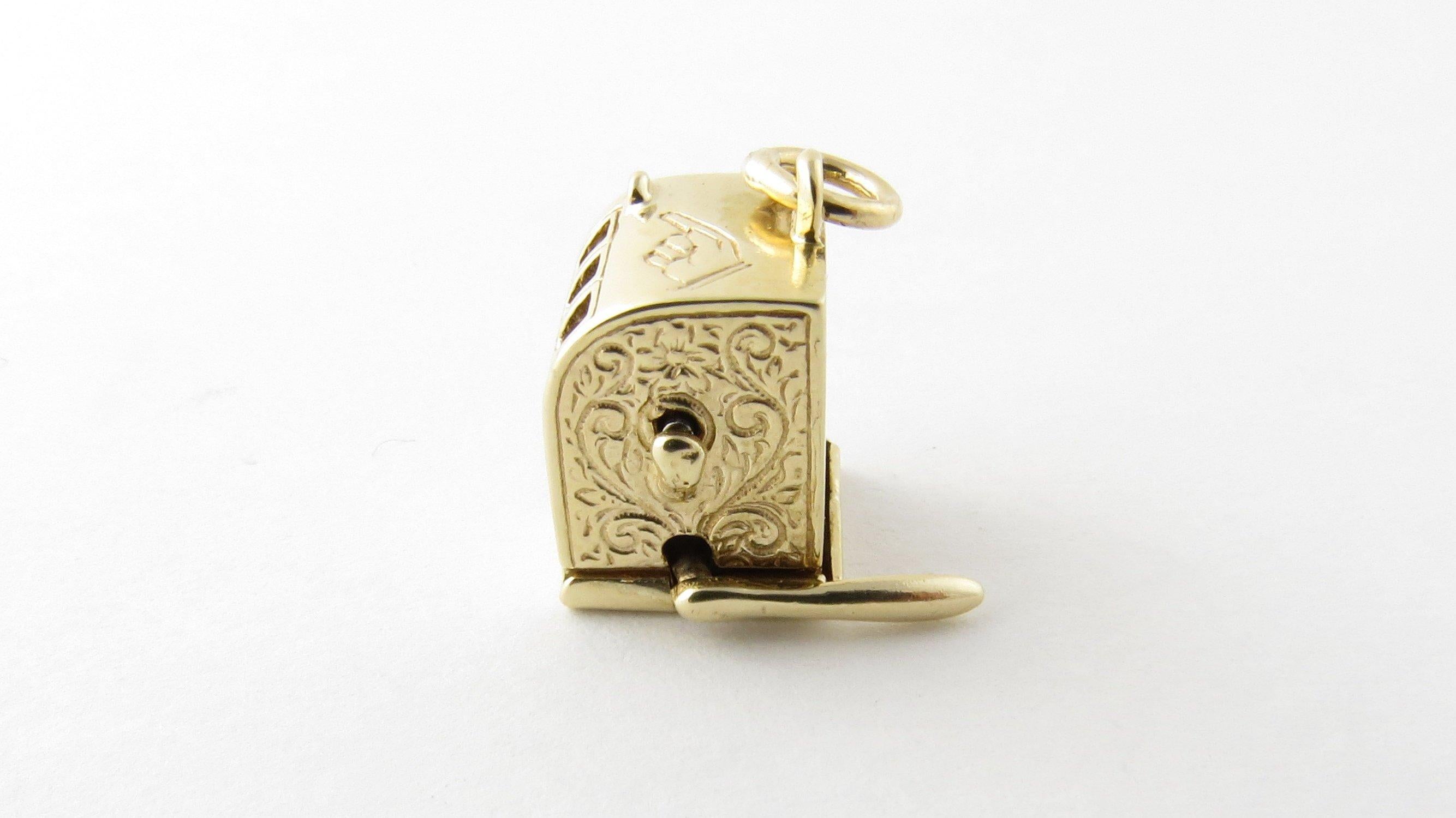 Vintage 14 Karat Yellow Gold Mechanical Slot Machine Charm- 
Try your luck! 
This lovely 3D charm features a miniature slot machine with working lever that spins the three inner wheels to reveal colored fruits! Meticulously detailed in 14K yellow