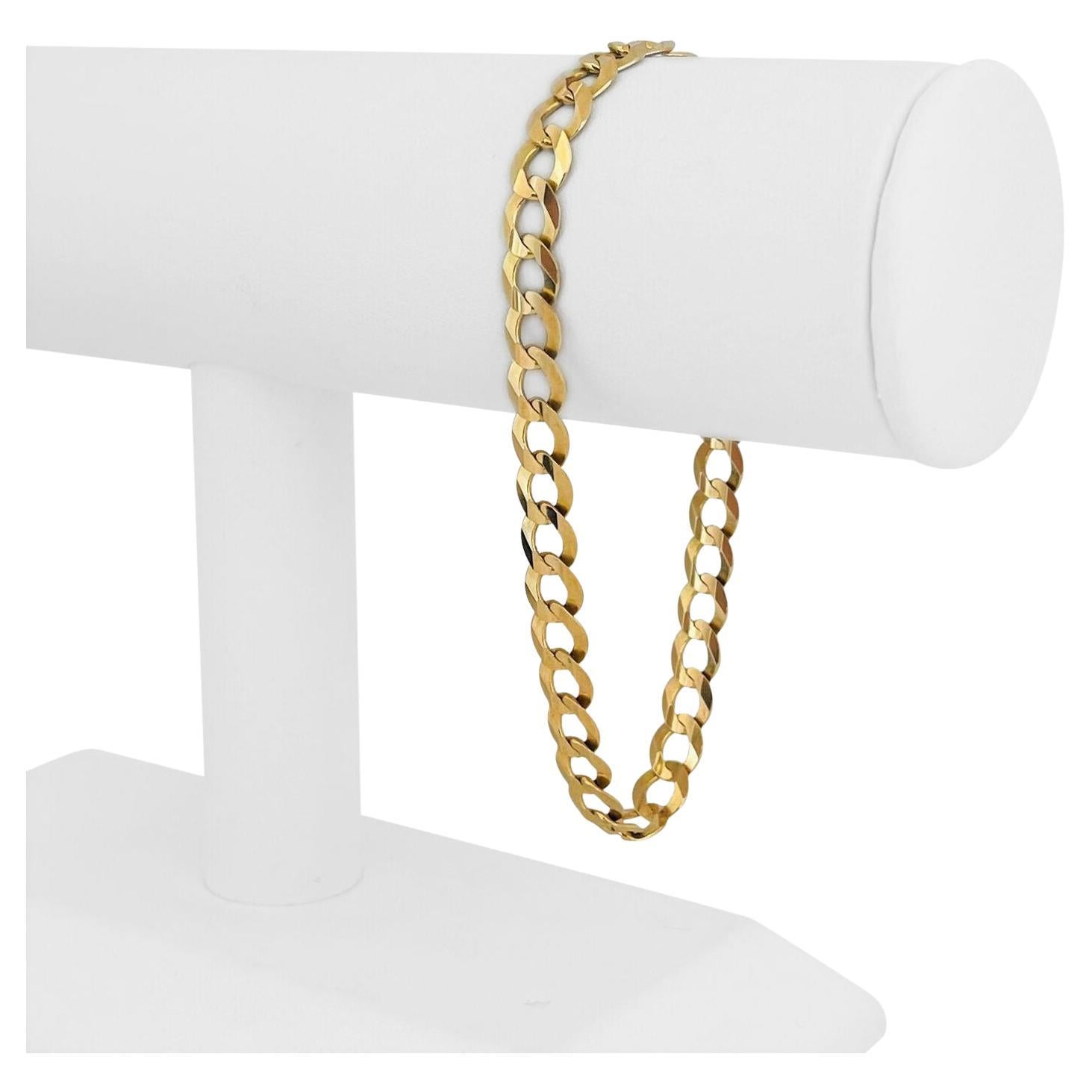 14 Karat Yellow Gold Men's Flat Curb Link Chain Bracelet Italy