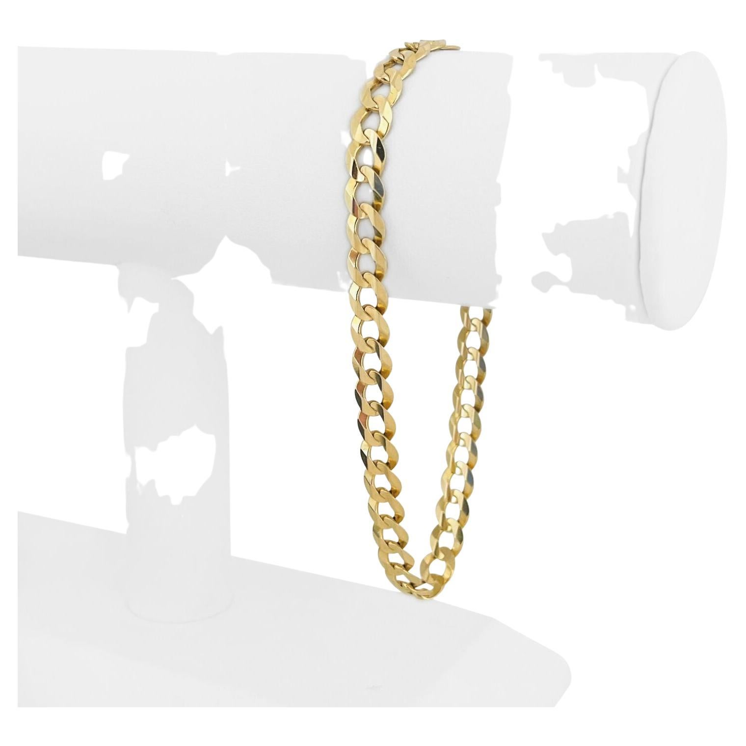 14 Karat Yellow Gold Men's Flat Curb Link Chain Bracelet, Italy