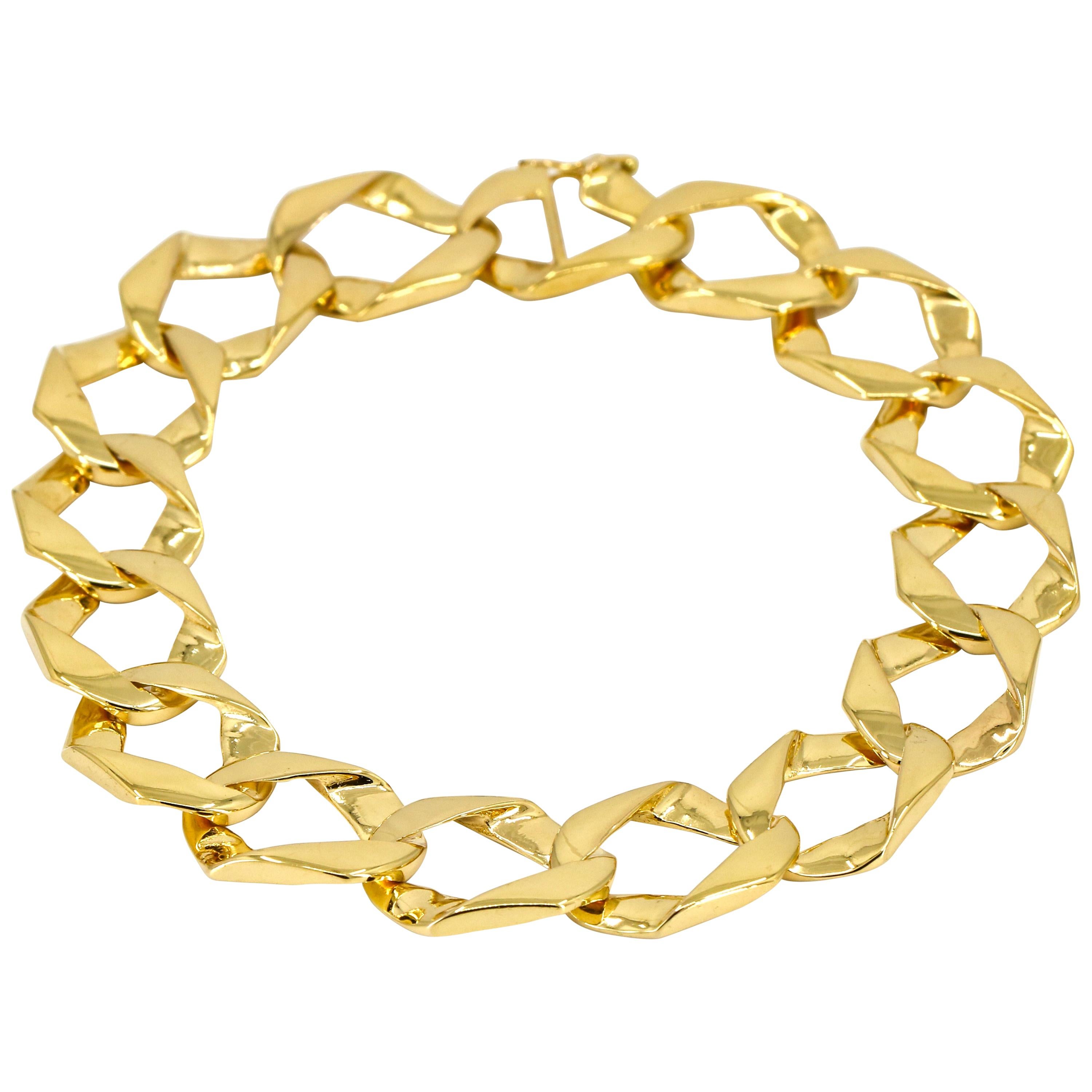 14 Karat Yellow Gold Men's Hexagon Flat Curb Link Bracelet For Sale