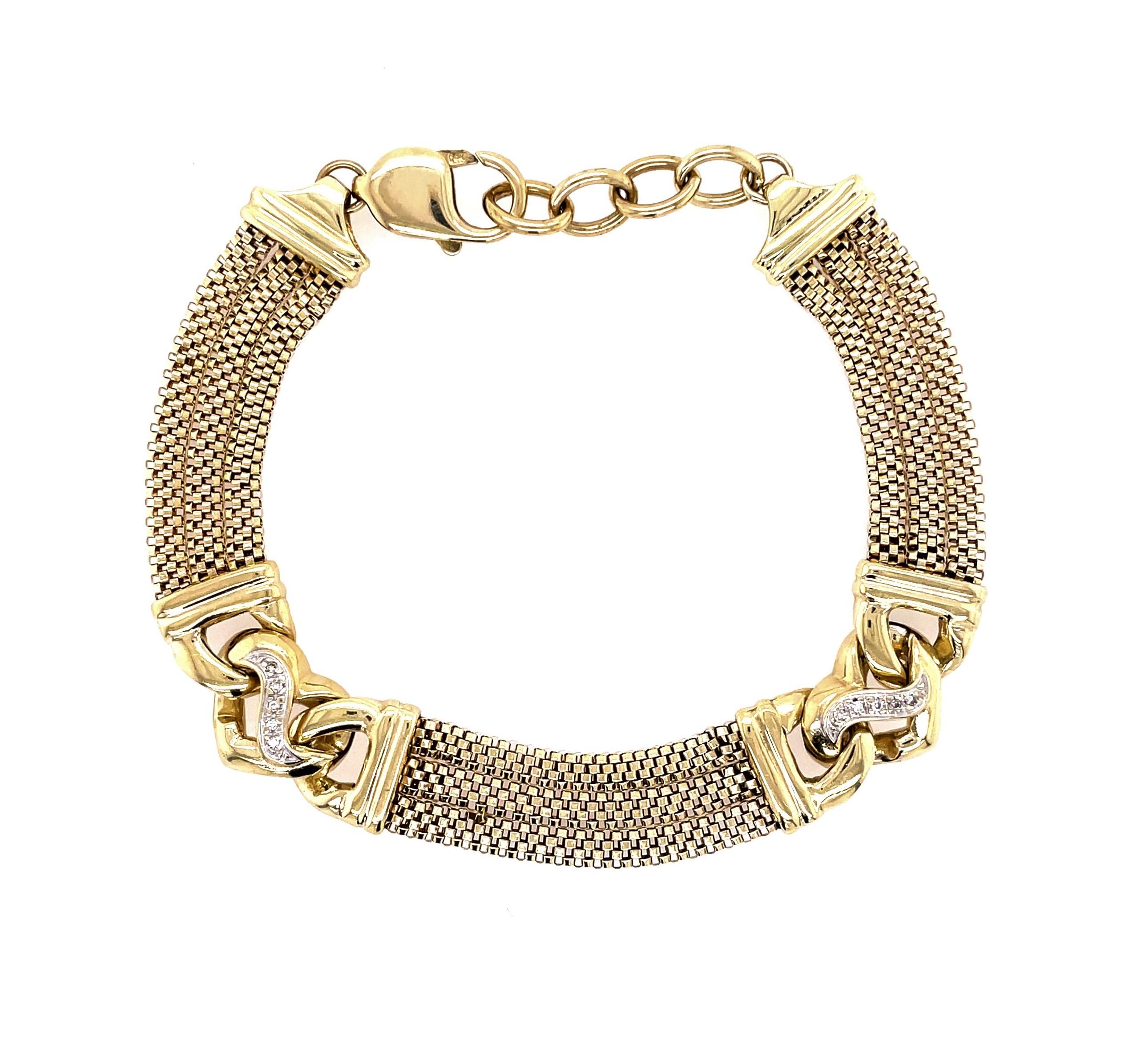 14 Karat Yellow Gold Mesh Chain Bracelet with Heart Station Diamond Accents For Sale 5