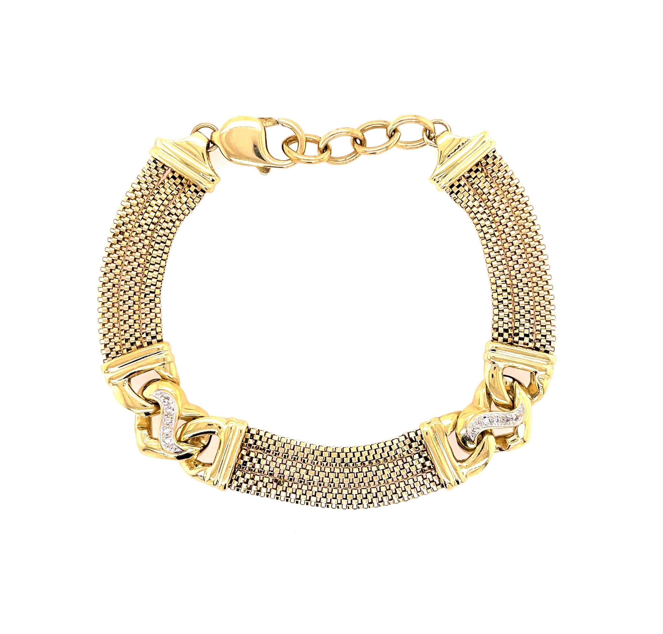 Triple 14 karat yellow gold mesh chains create this adorable bracelet linked with two decorative stations of stylish gold hearts each accented with five .01 round diamonds for a little added sparkle. Great for large wrists, this bracelet  is a
