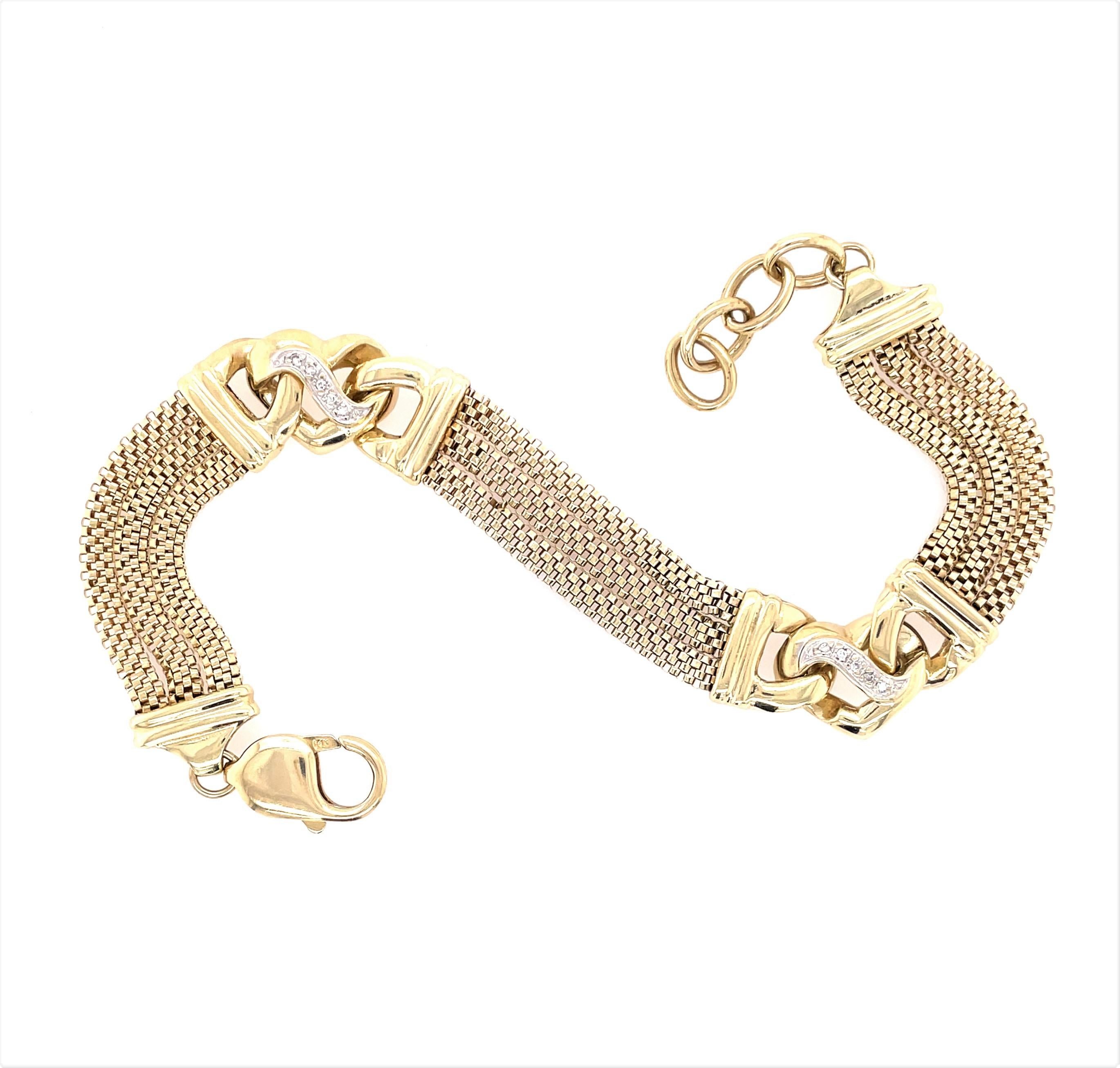 Round Cut 14 Karat Yellow Gold Mesh Chain Bracelet with Heart Station Diamond Accents For Sale