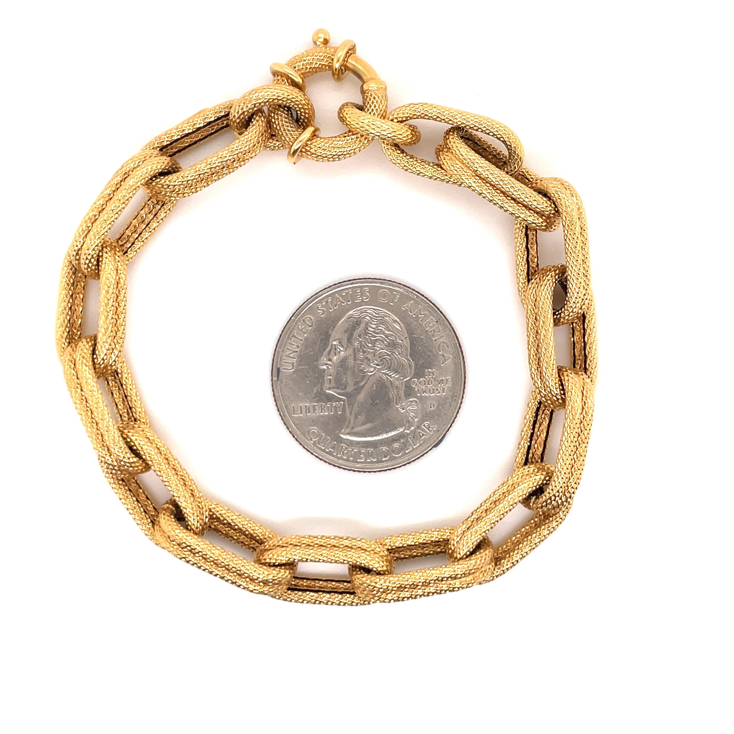 14 Karat Yellow gold link bracelet featuring 14 oval mesh links weighing 11.2 grams. 
Great for stacking!
More Link Bracelets Available.