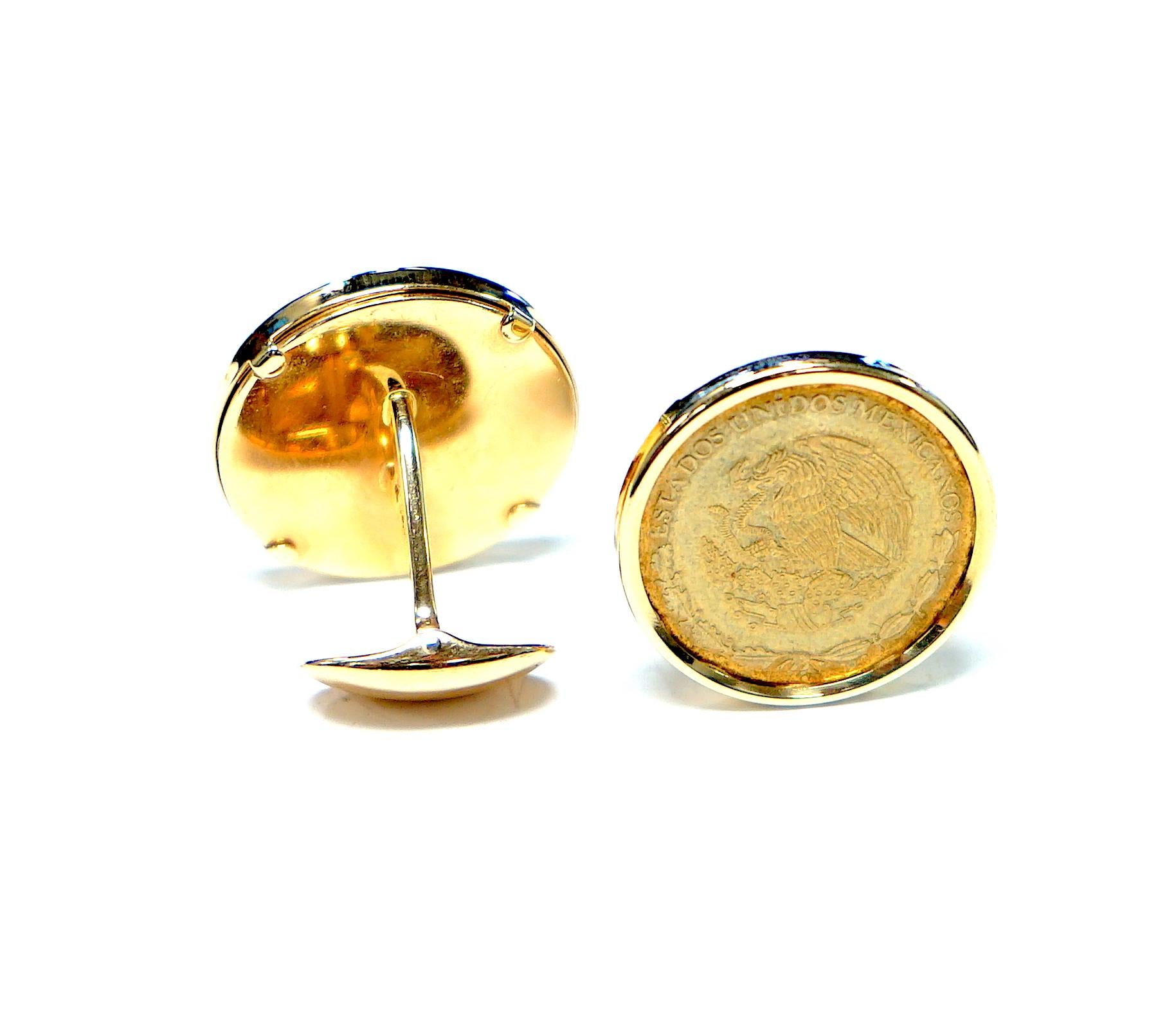 14 Karat Yellow Gold Mexican Coin Cufflinks In Good Condition In Dallas, TX