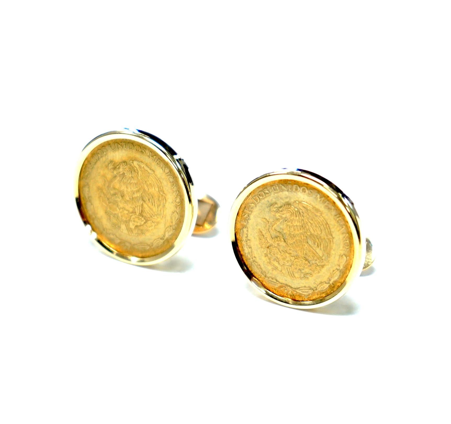 Women's or Men's 14 Karat Yellow Gold Mexican Coin Cufflinks