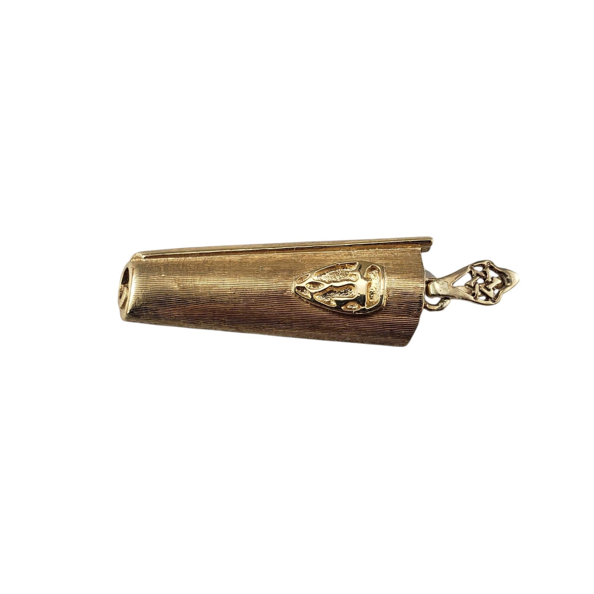 14 Karat Yellow Gold Mezuzah Pendant-

This 14K yellow gold mezuzah pendant is a beautifully crafted symbol of faith and protection.

Size: 35 mm x 12 mm

Weight: 5.4 dwt./ 8.5 gr.

Stamped: 14K

Very good condition, professionally polished.

Will