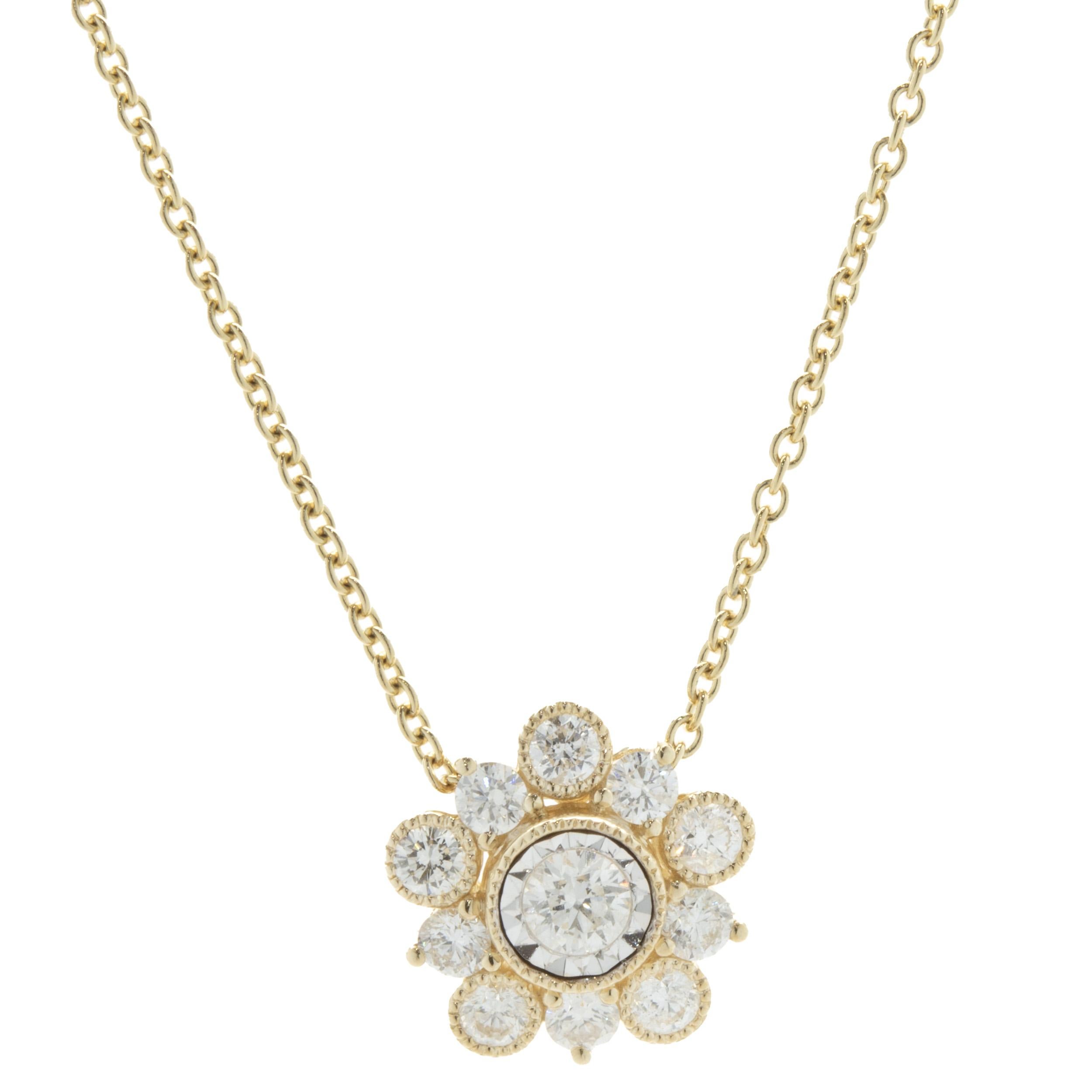 Designer: custom design
Material: 14K yellow gold
Diamond: 11 round brilliant cut = 0.52cttw
Color: G
Clarity: SI1
Dimensions: necklace measures 18-inches in length 
Weight: 3.22 grams