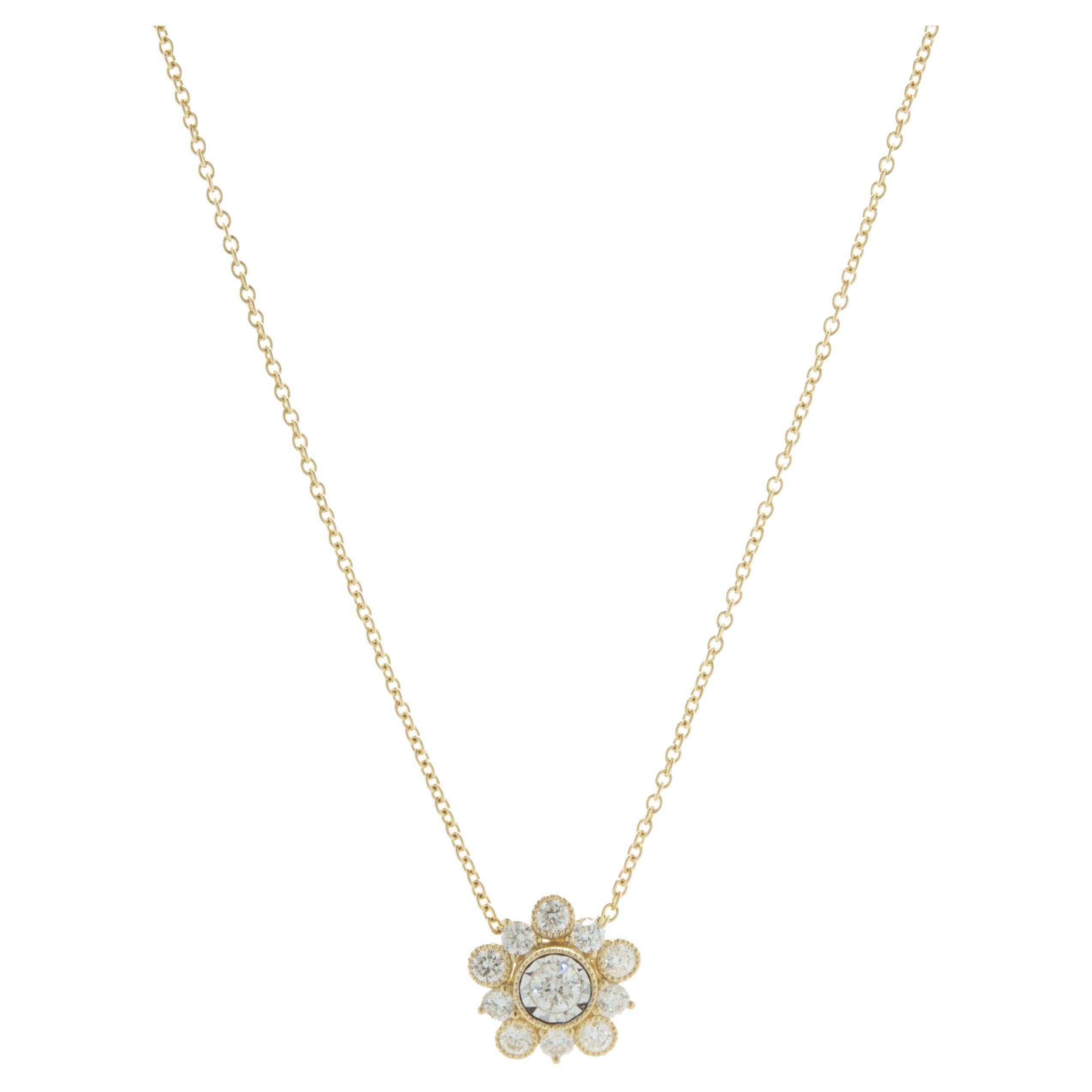 14 Karat Yellow Gold Miracle Set Diamond Flower Necklace For Sale
