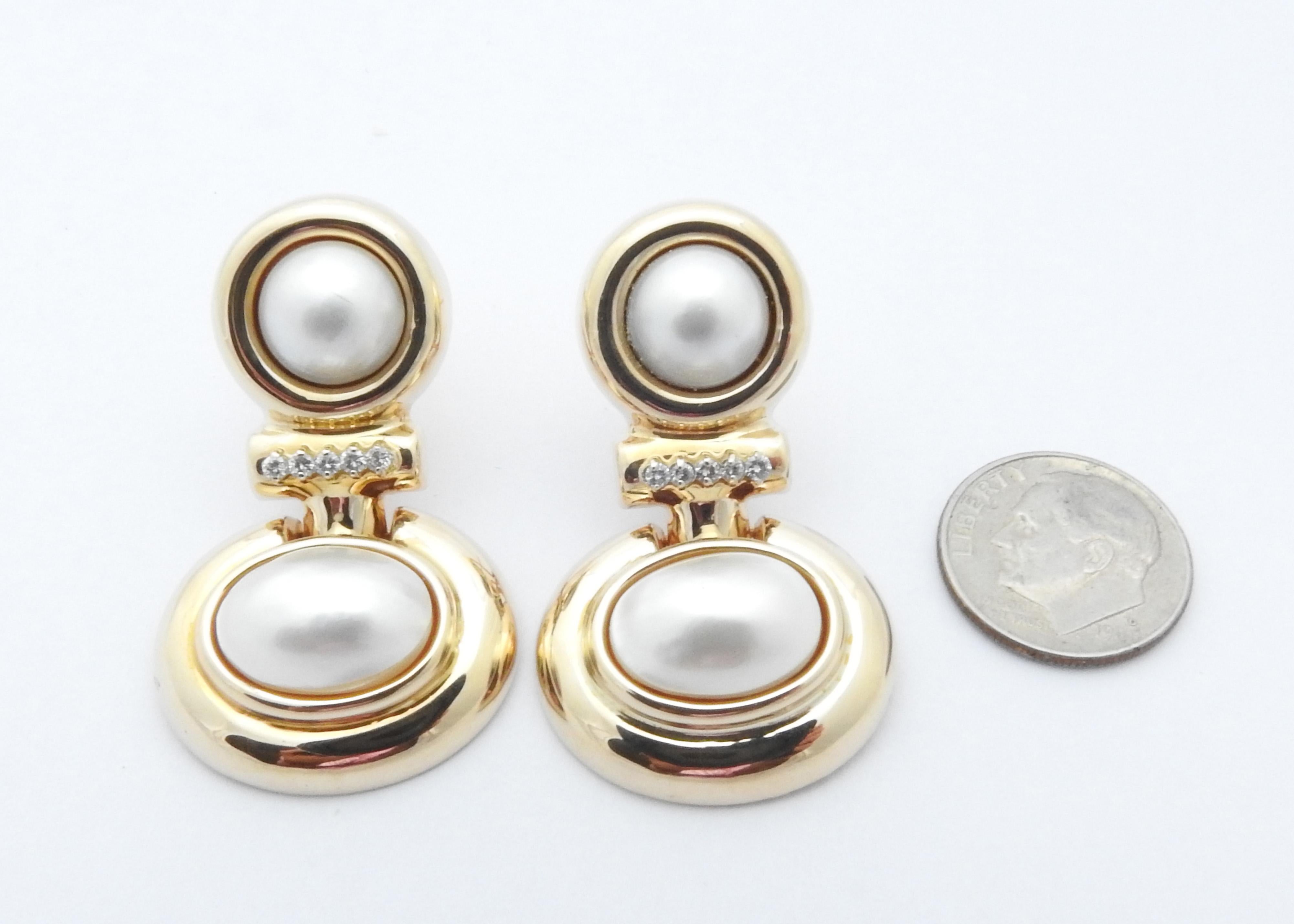 14 Karat Yellow Gold Mobe Pearl and Diamond Earrings For Sale 2