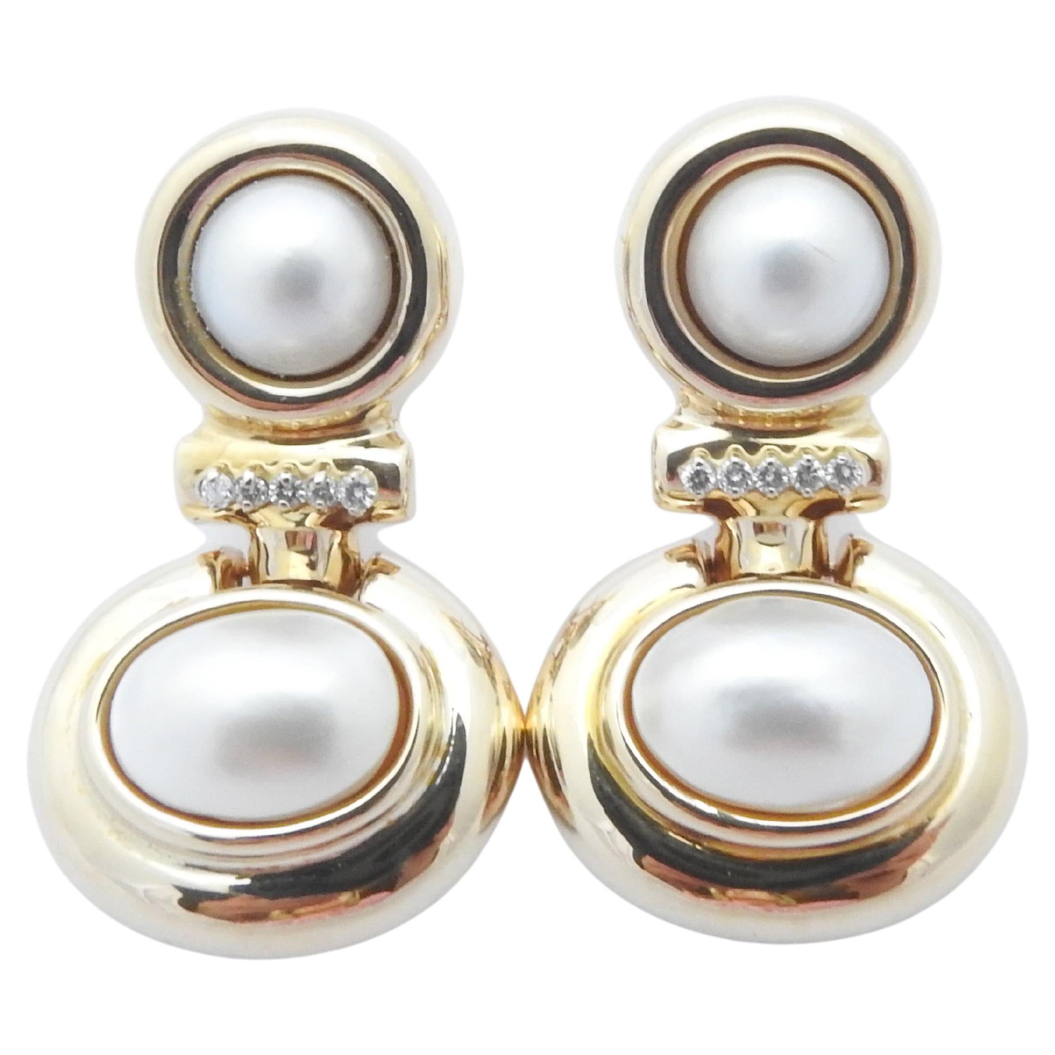 14 Karat Yellow Gold Mobe Pearl and Diamond Earrings For Sale