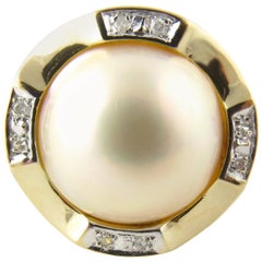 14 Karat Yellow Gold Mobe Pearl and Diamond Ring