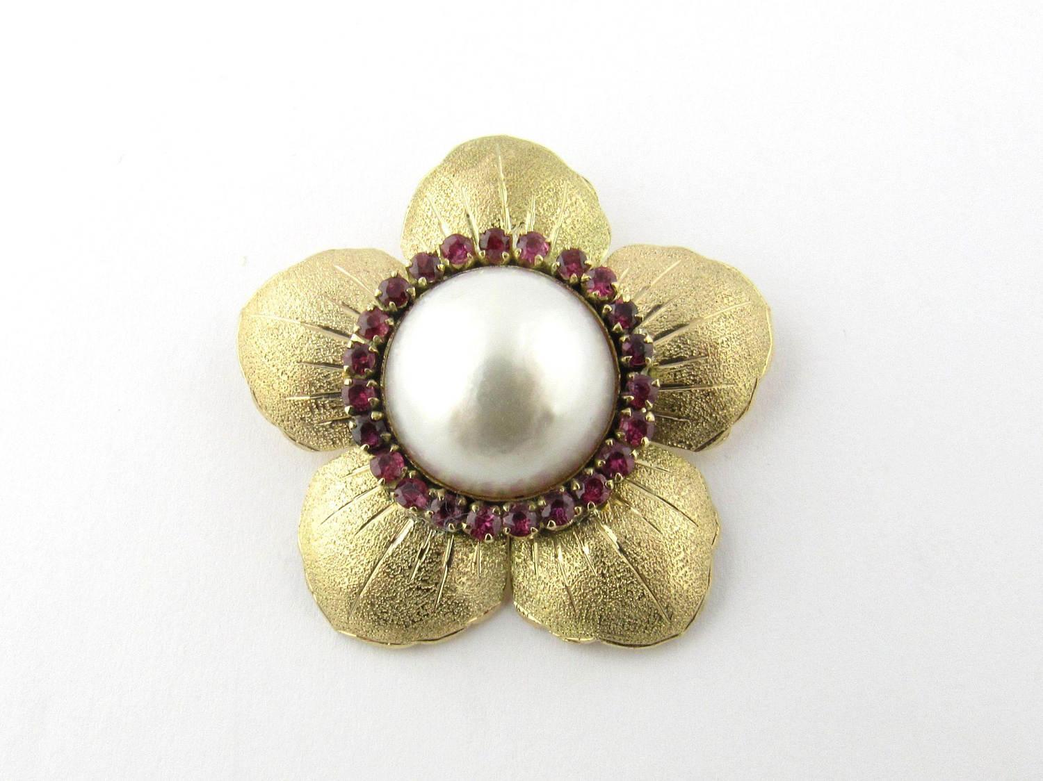 Women's 14 Karat Yellow Gold Mobe Pearl and Ruby Flower Pendant