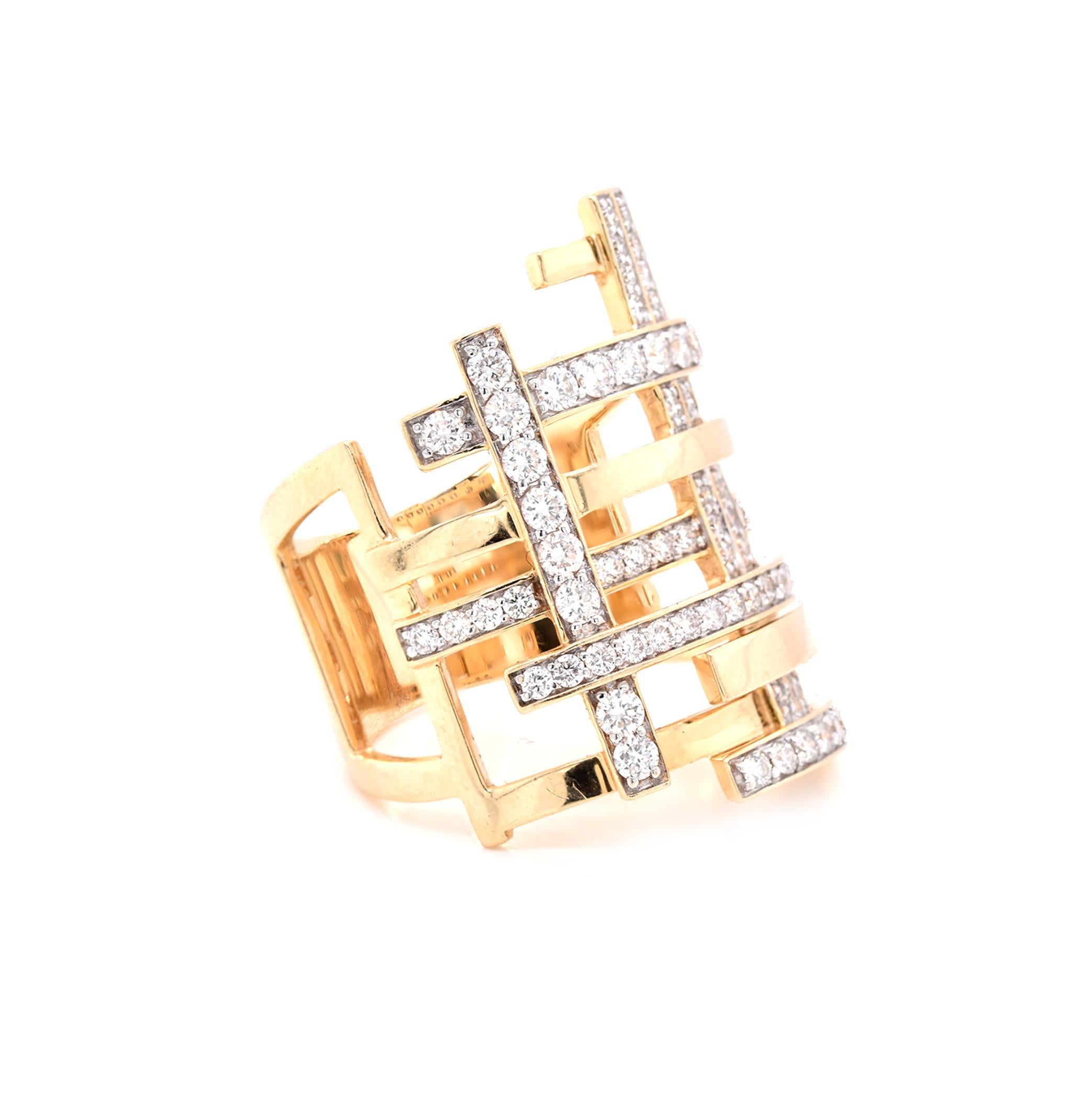 Designer: custom
Material: 14K yellow gold
Diamonds: 71 round cut = 1.00cttw
Color: G
Clarity: VS
Ring Size: 7 (Please allow up to two additional business days for sizing requests)
Dimensions: ring top measures 26.35mm wide  
Weight: 9.45 grams