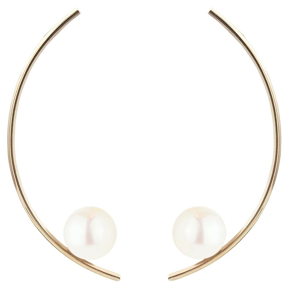 14 Karat Yellow Gold Modern Pearl Curved Bar Earrings For Sale