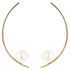 14 Karat Yellow Gold Modern Pearl Curved Bar Earrings