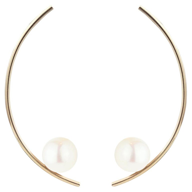 14 Karat Yellow Gold Modern Pearl Curved Bar Earrings For Sale at 1stdibs